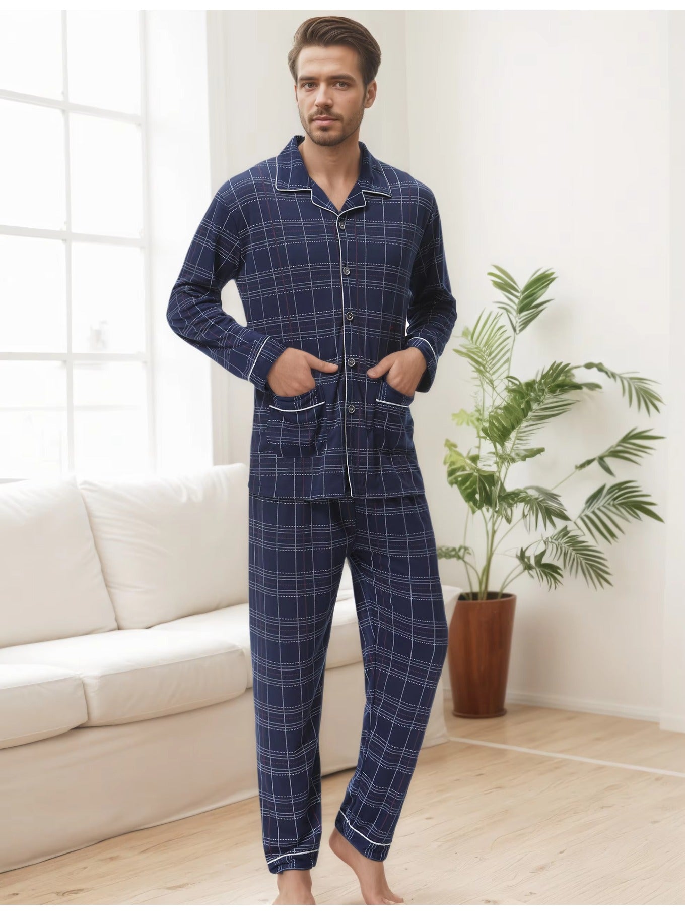 Herren Karierter Pyjama V-Ausschnitt