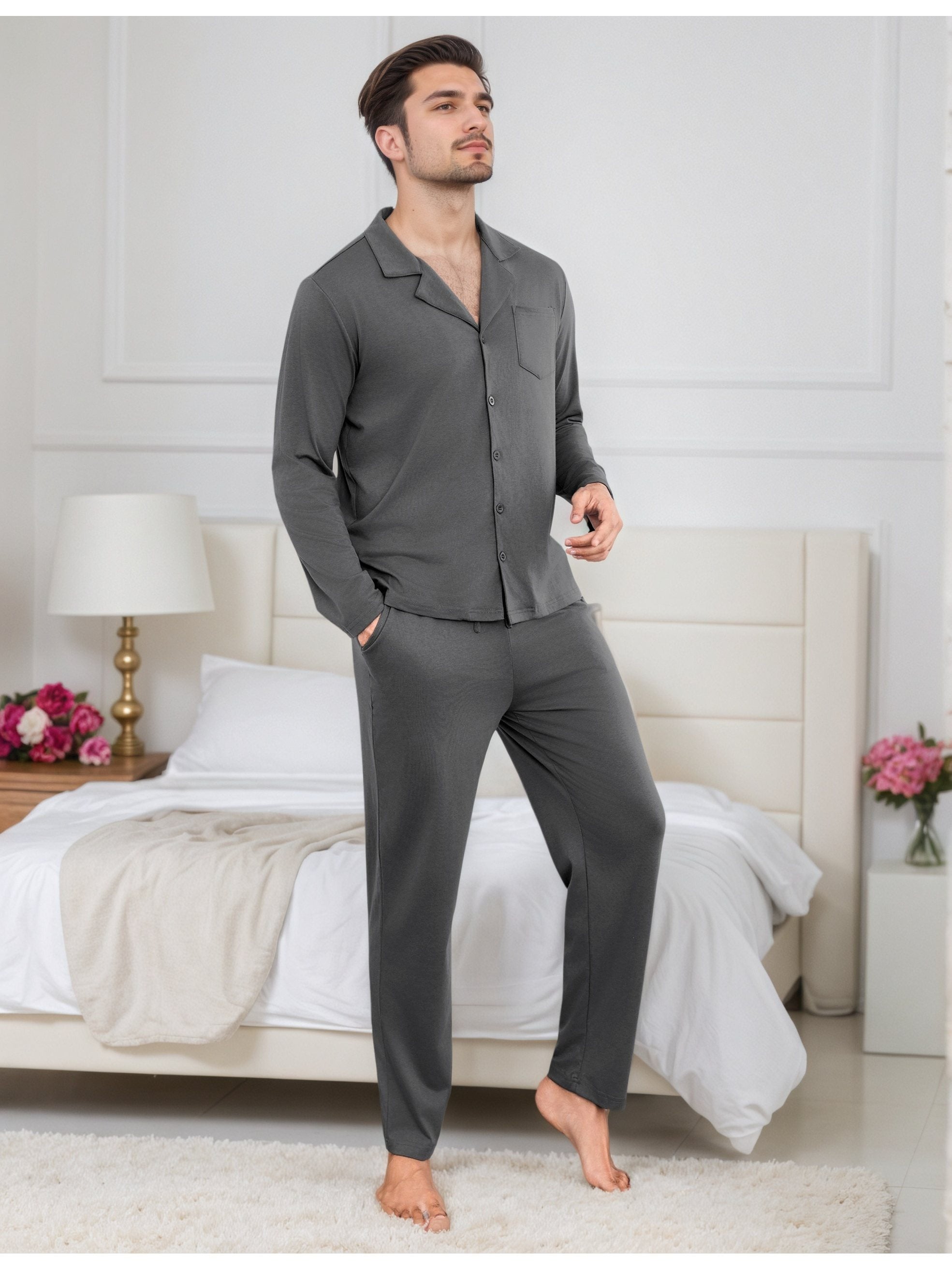 Herren Baumwoll Pyjama Knopfleiste Set