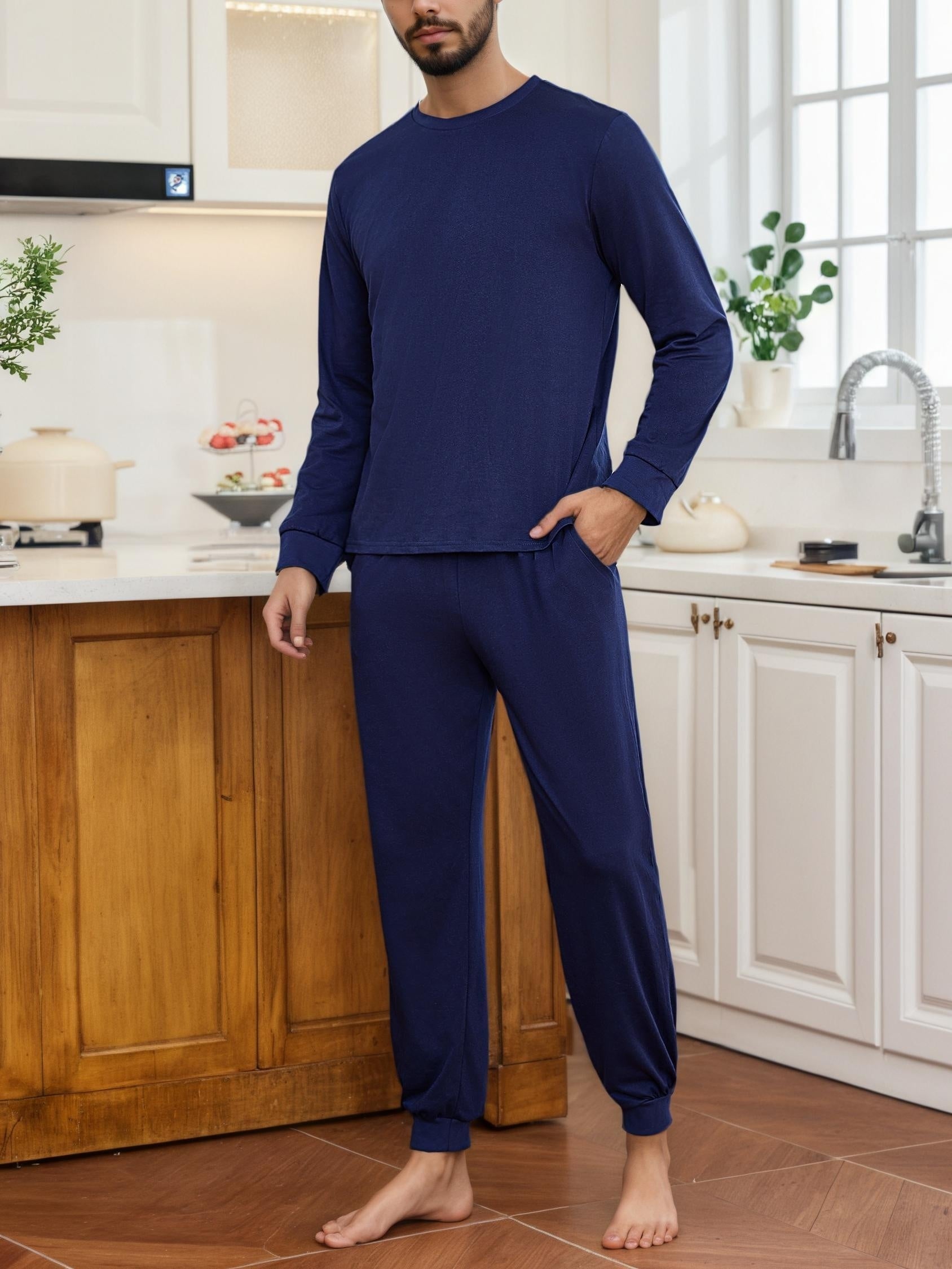 Herren Baumwoll Pyjama Winter Rundhals