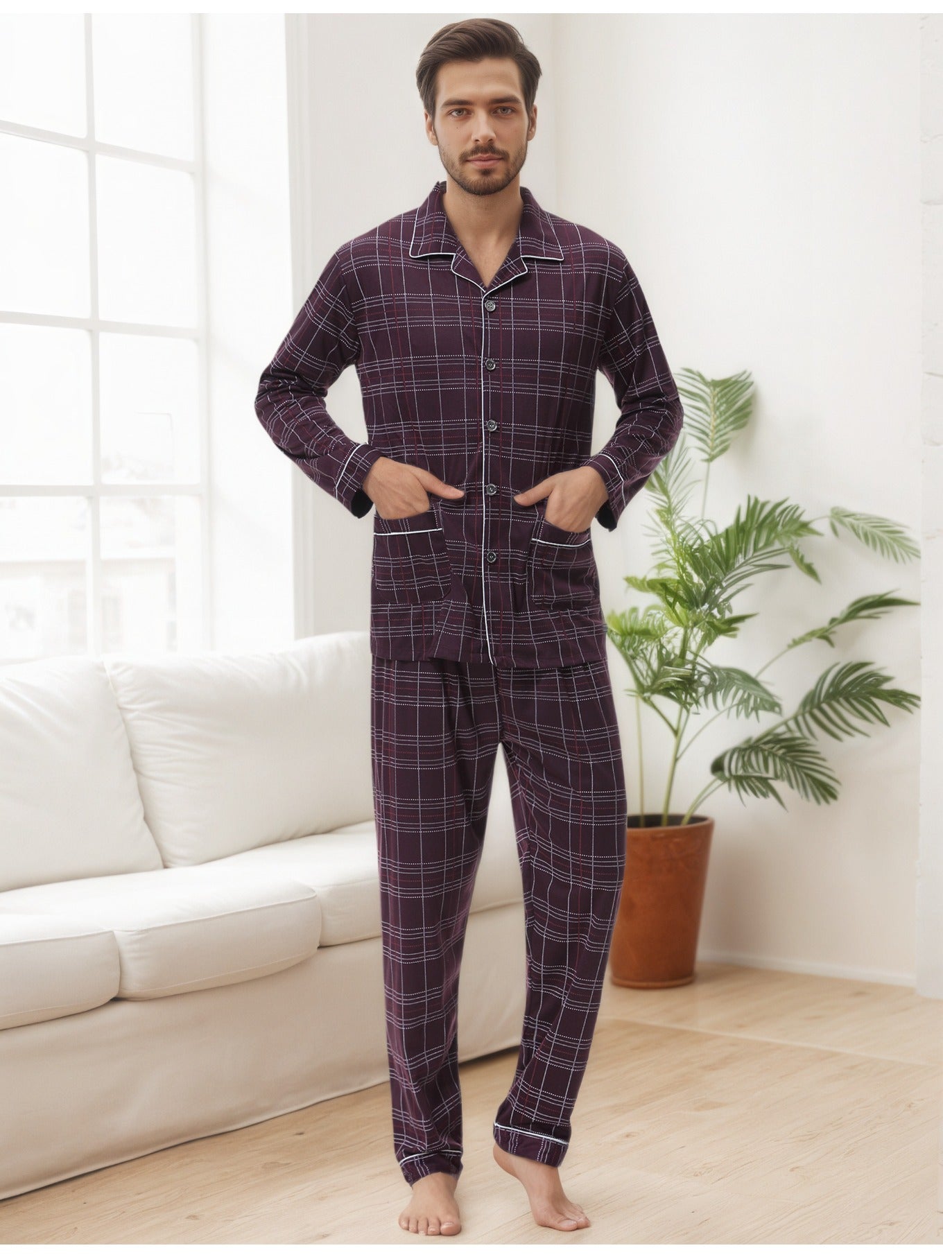 Herren Karierter Pyjama V-Ausschnitt