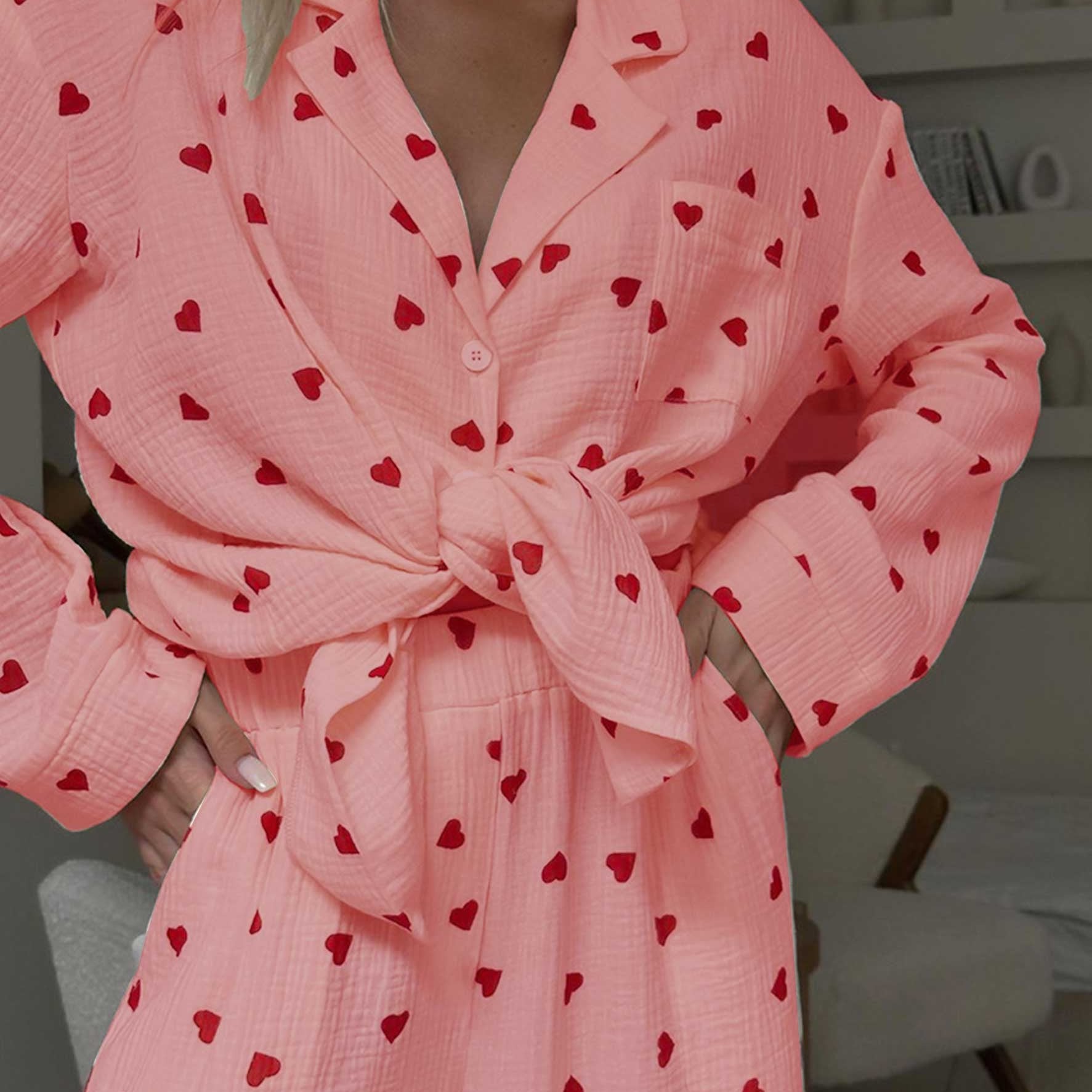 Damen Waffel Pyjama Herz Set