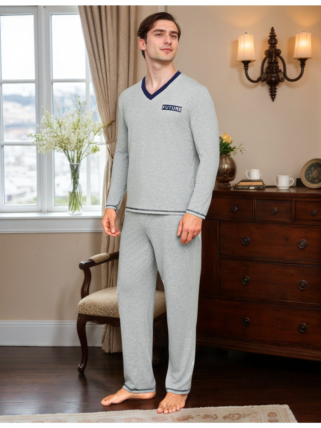 Herren Baumwoll Pyjama V-Neck Print