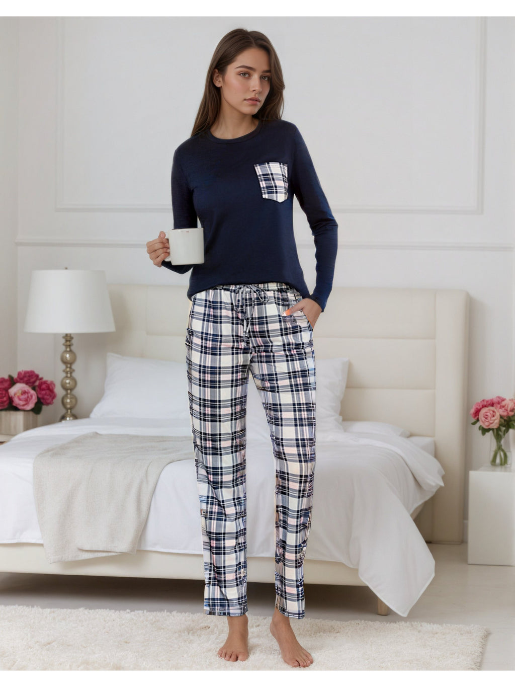 Damen Baumwoll Pyjama Kariert Set