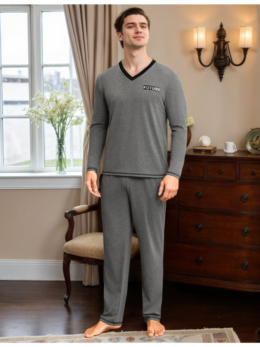 Herren Baumwoll Pyjama V-Neck Print