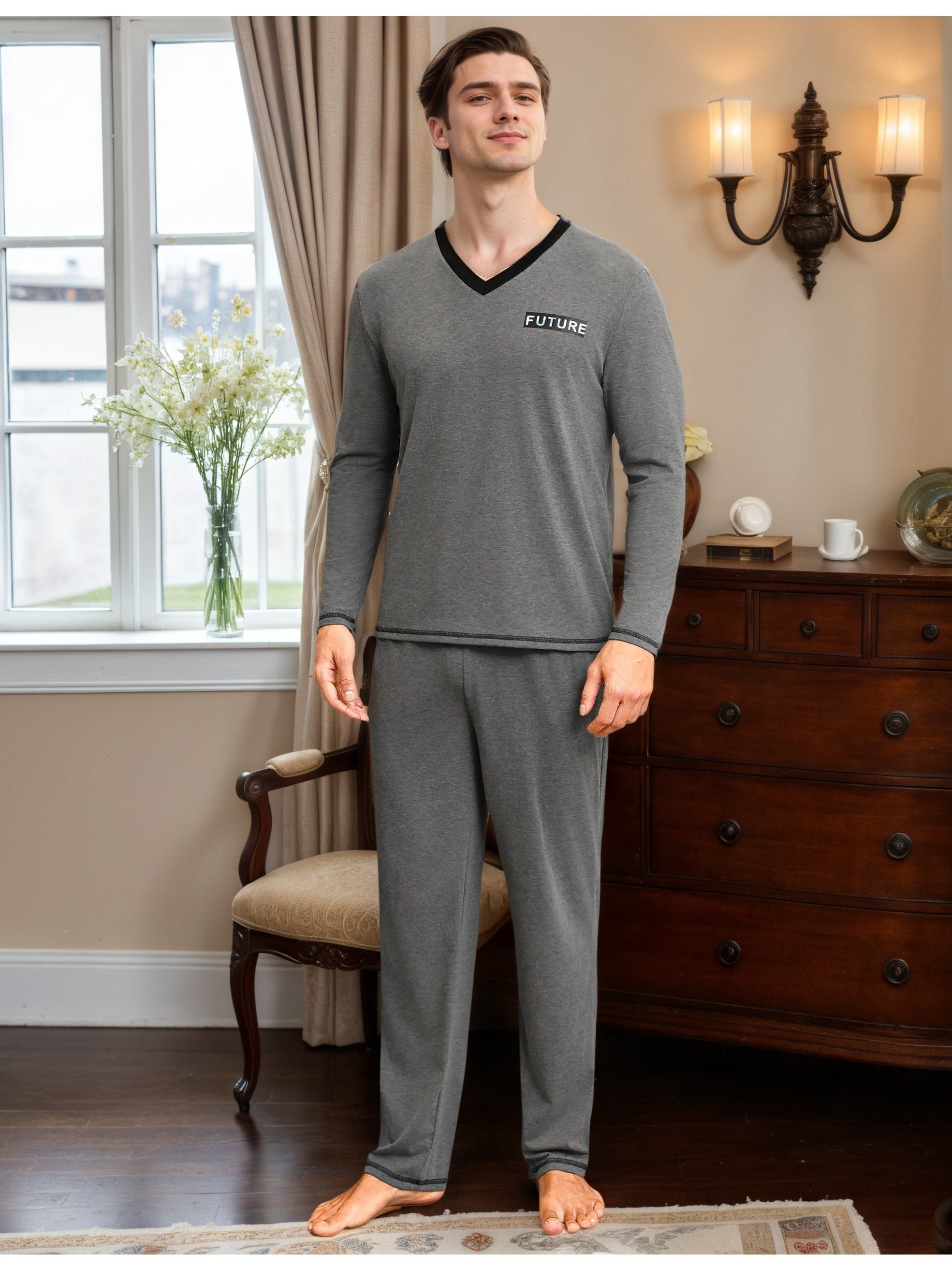 Herren Baumwoll Pyjama V-Neck Print