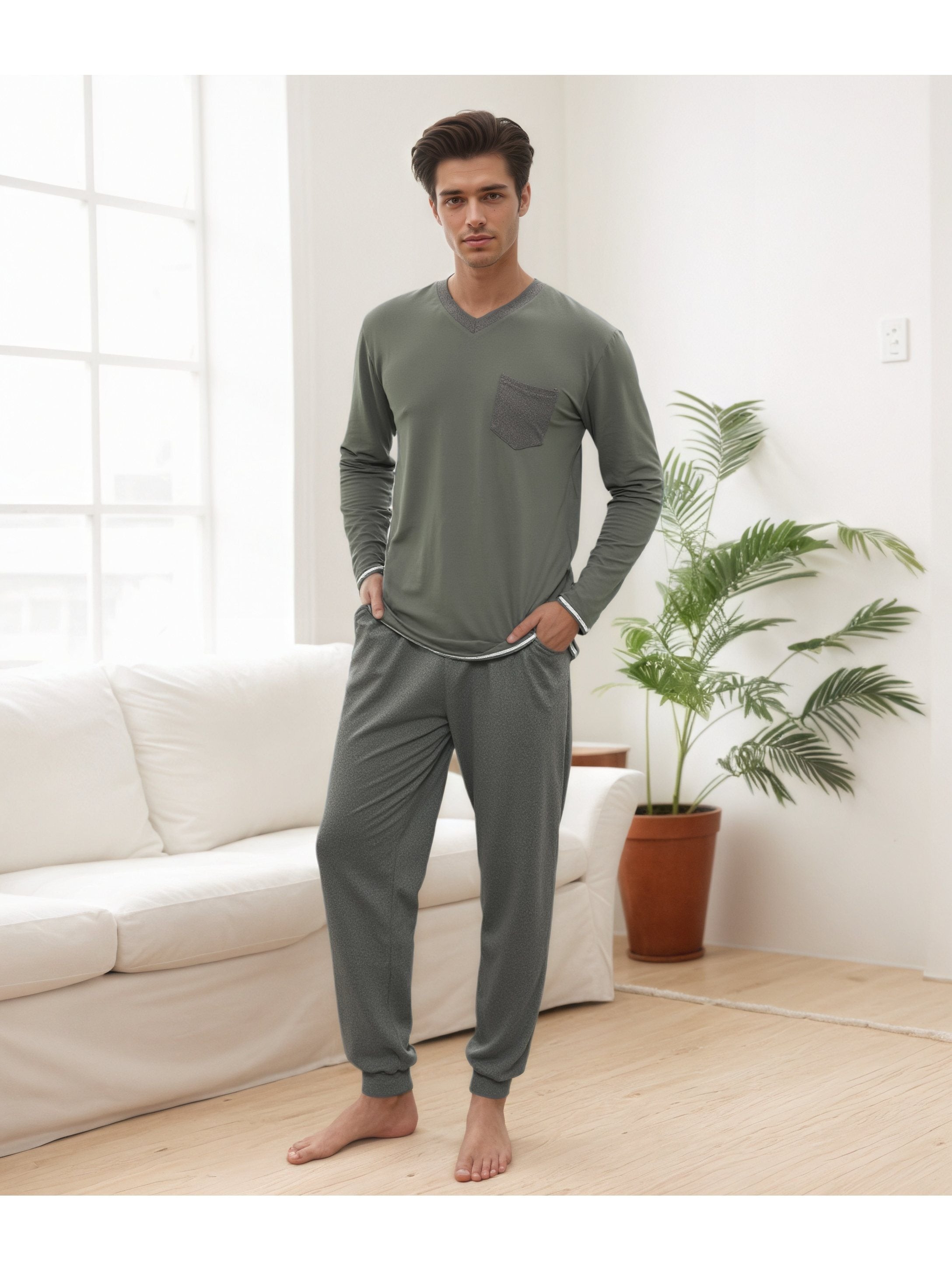 Herren Baumwoll Pyjama Winter Langarm