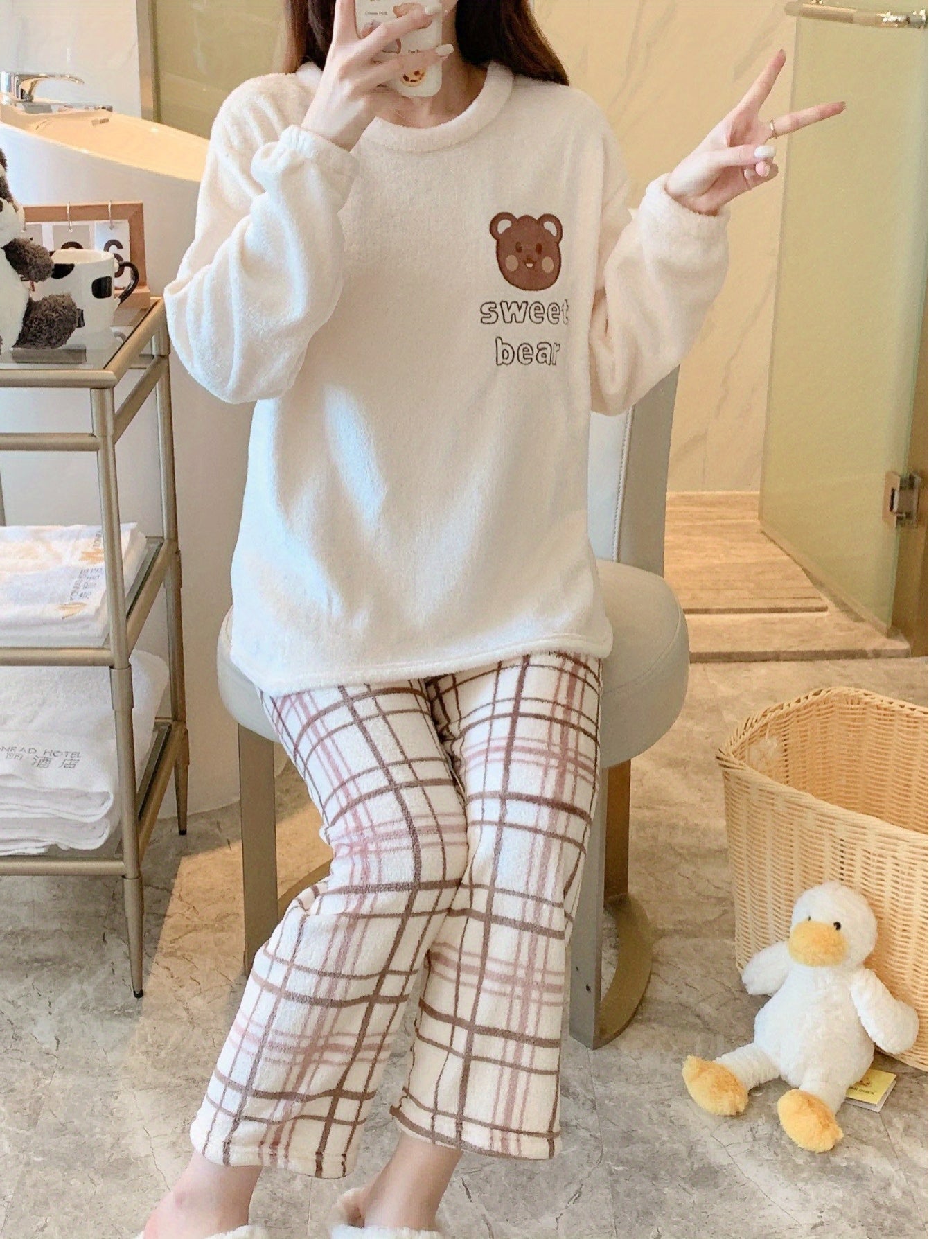 Damen Samt Pyjama Bär Kariert