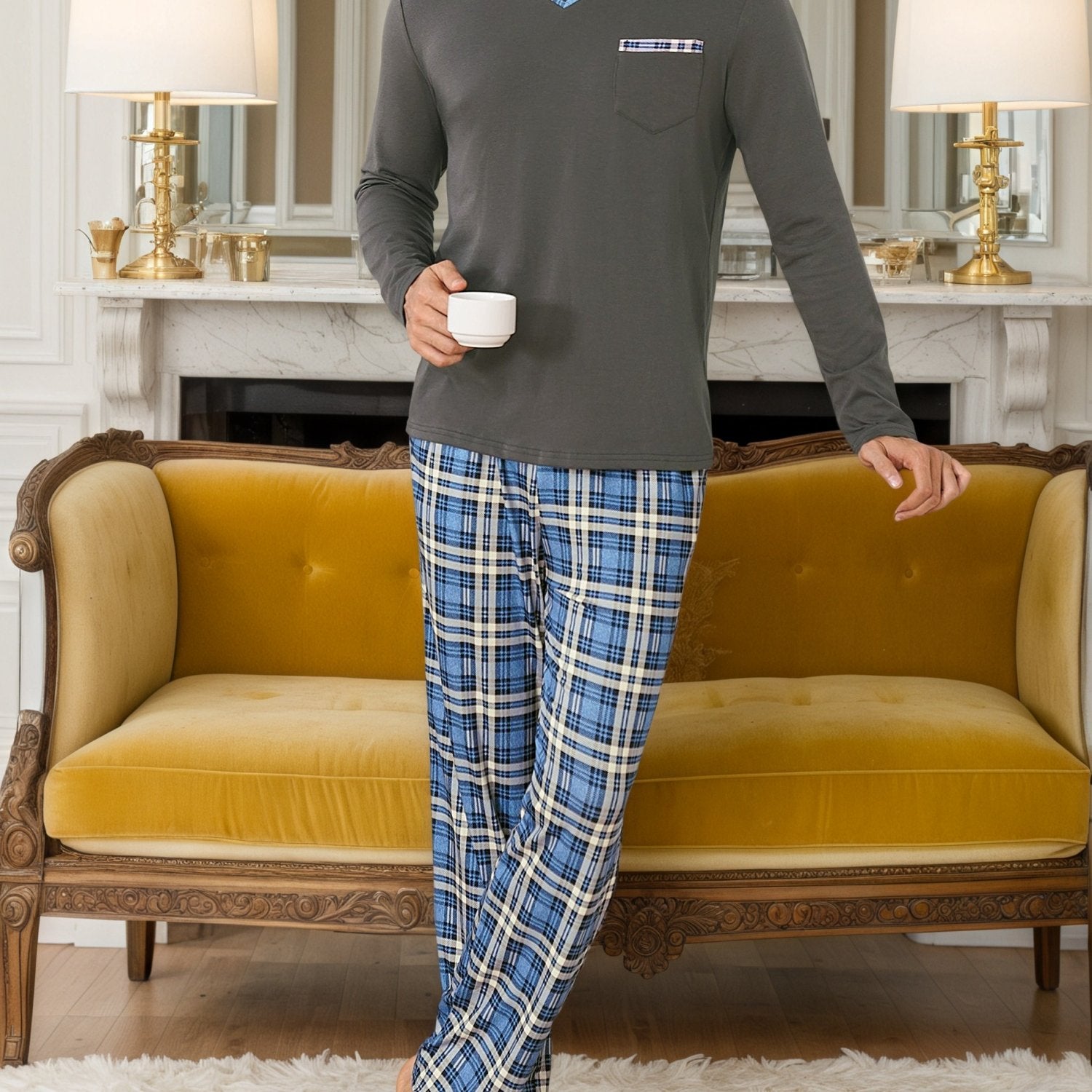 Herren Pyjama V-Ausschnitt Streifen