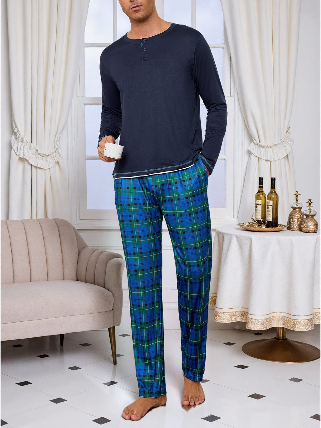 Herren Baumwoll Pyjama Rundhals Set