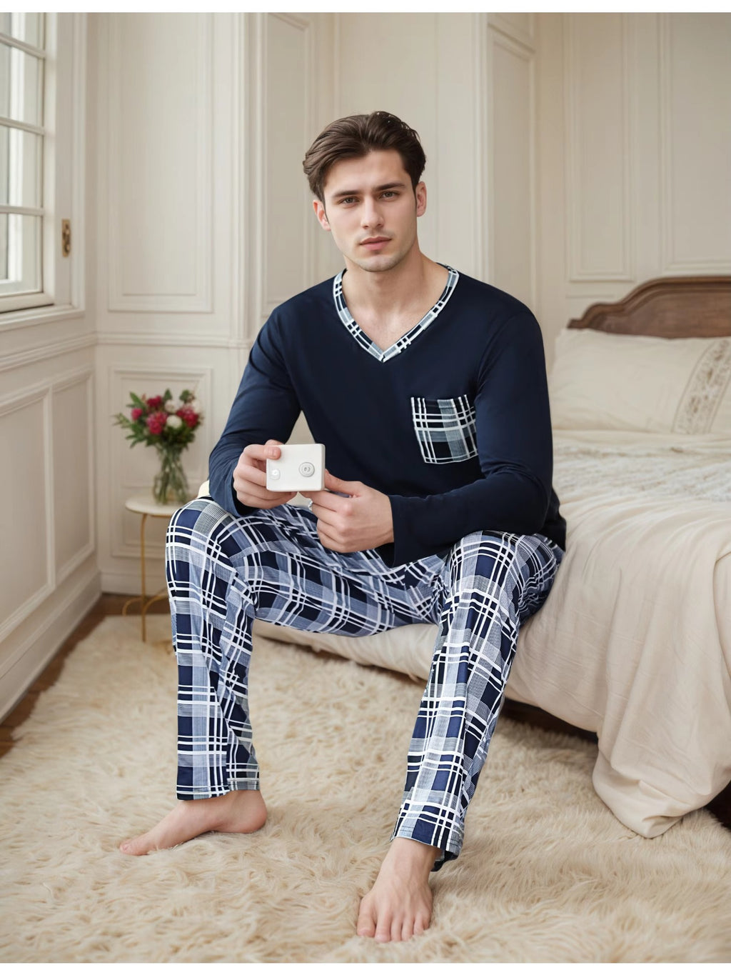 Herren Baumwoll Pyjama Langarm Set