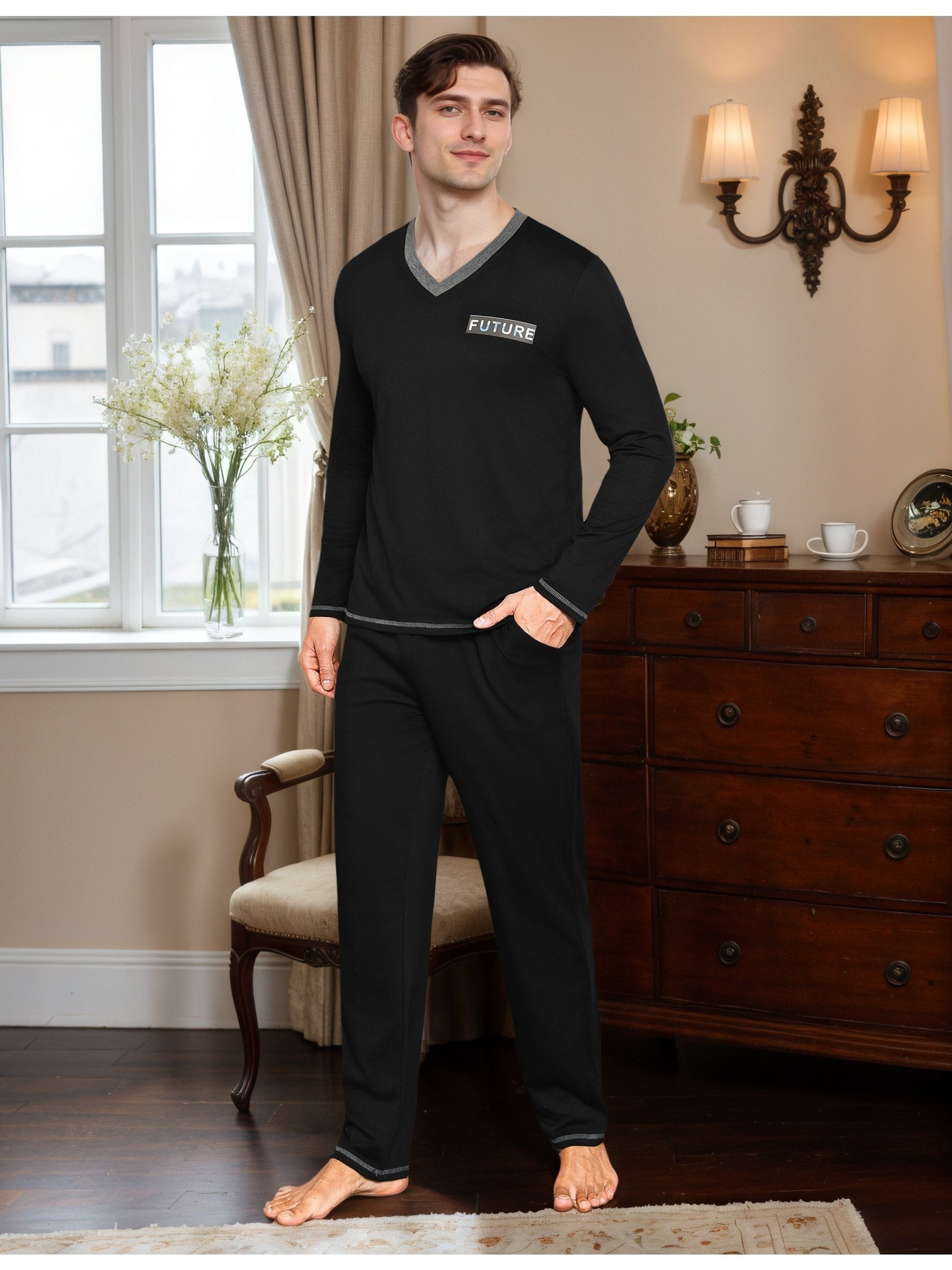 Herren Baumwoll Pyjama V-Neck Print