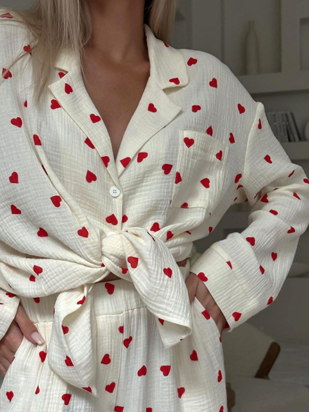 Damen Waffel Pyjama Herz Set