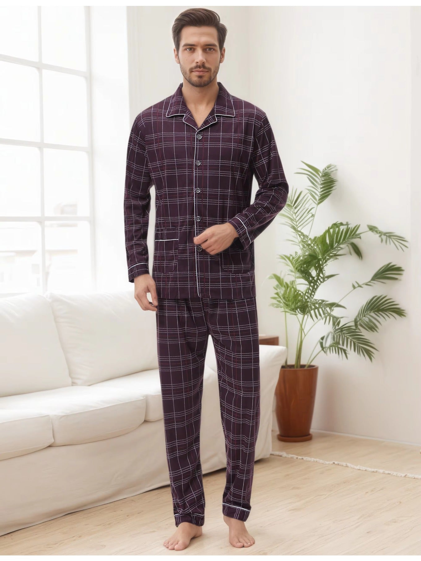 Herren Karierter Pyjama V-Ausschnitt
