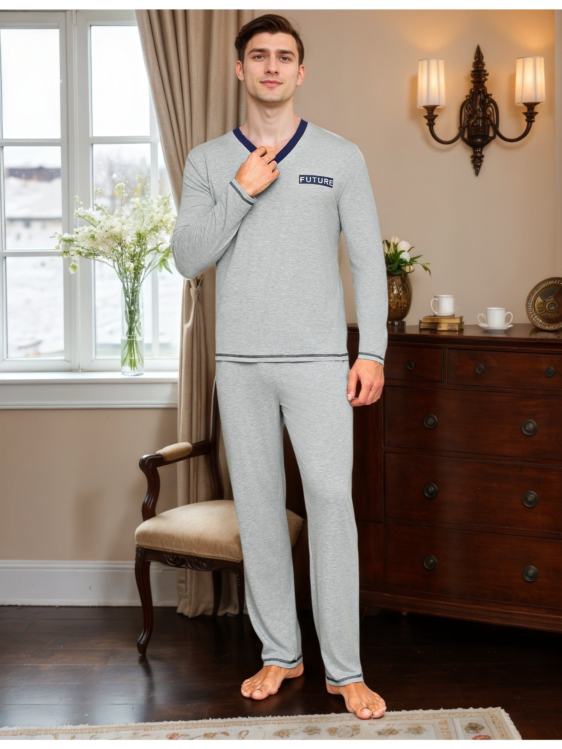 Herren Baumwoll Pyjama V-Neck Print