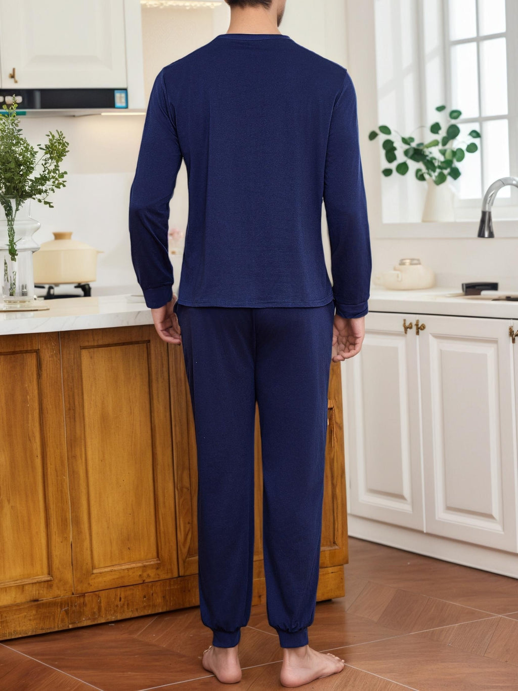 Herren Baumwoll Pyjama Winter Rundhals