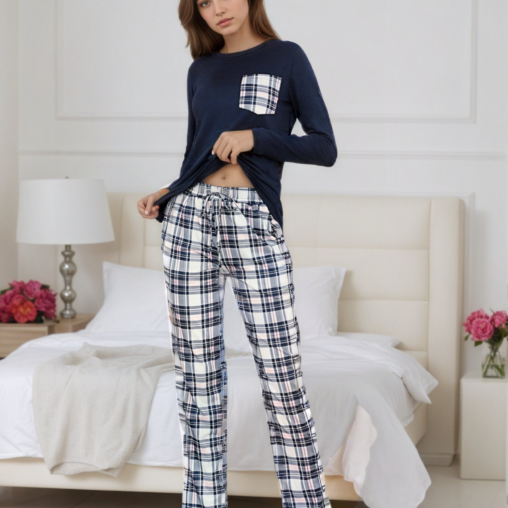 Damen Baumwoll Pyjama Kariert Set