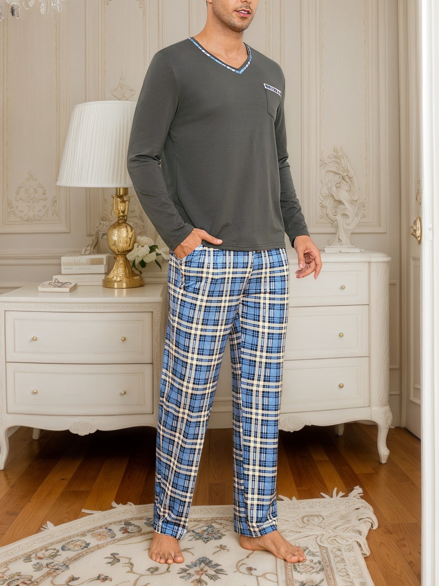 Herren Pyjama V-Ausschnitt Streifen