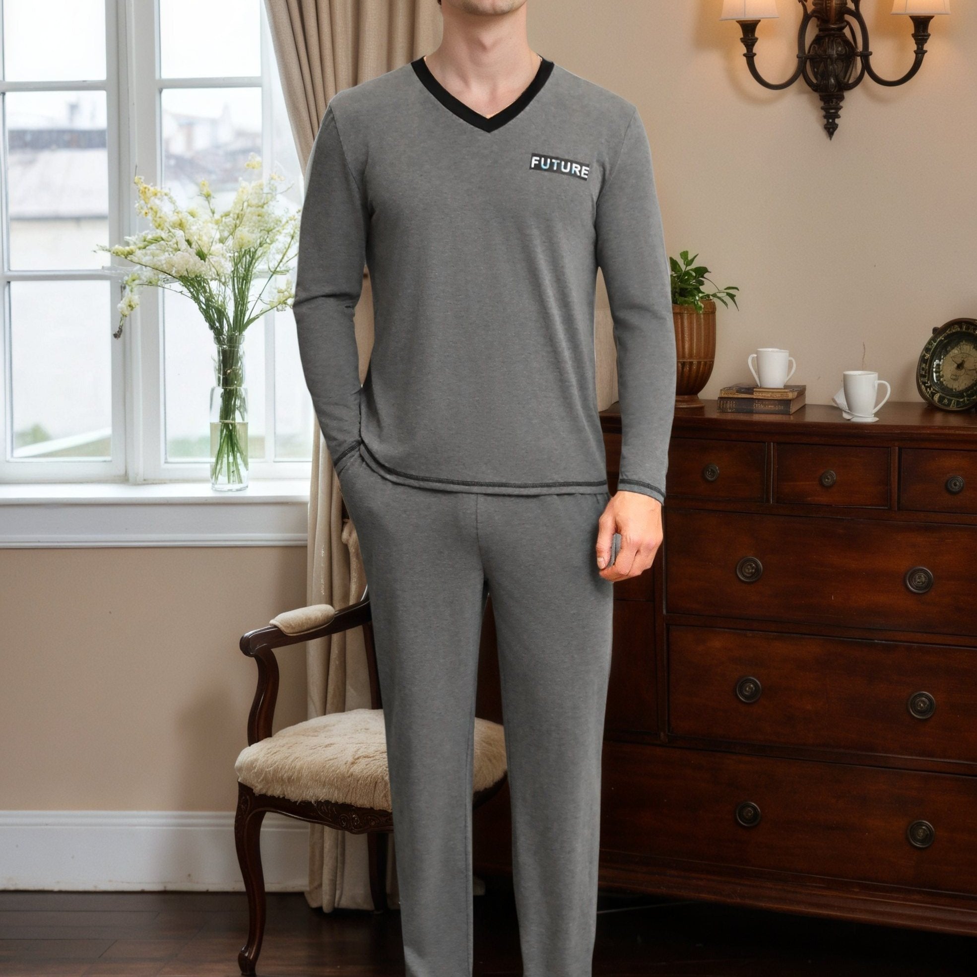 Herren Baumwoll Pyjama V-Neck Print