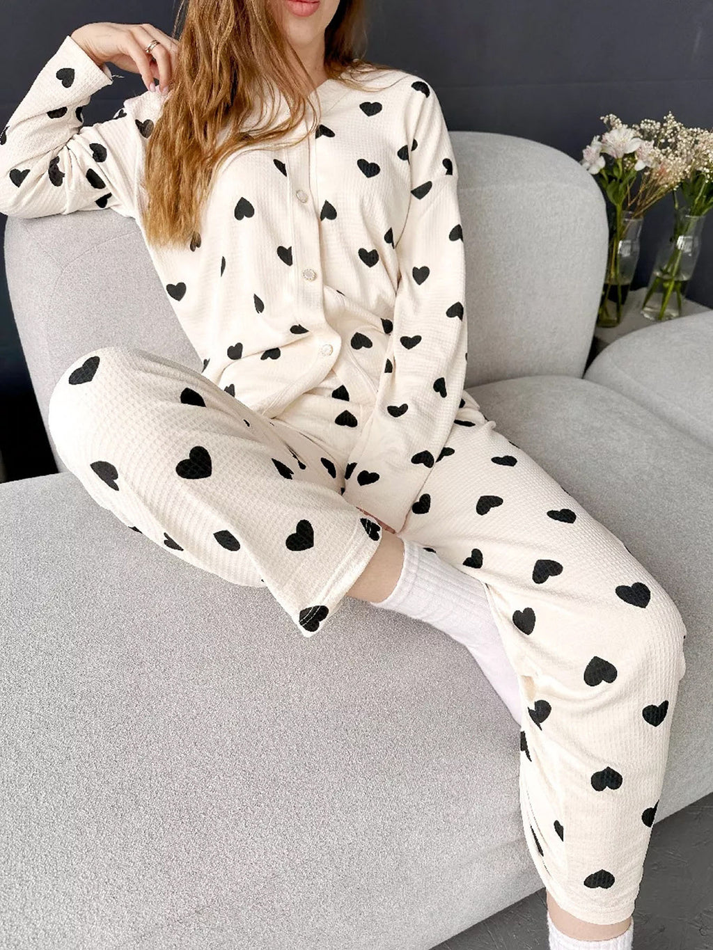 Damen Waffel Pyjama Herz Print