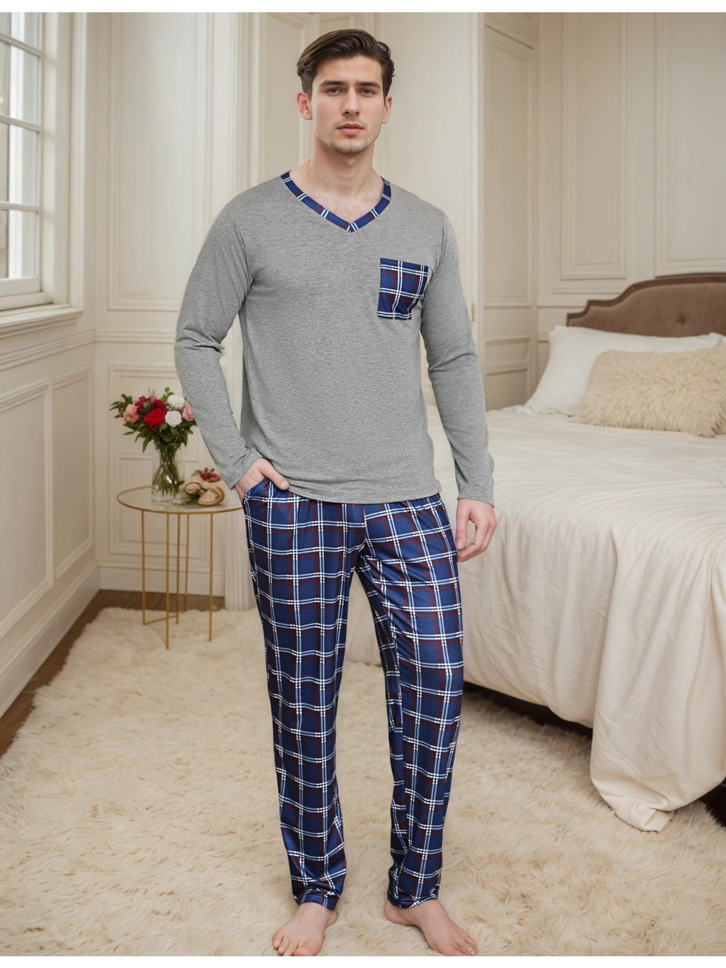 Herren Baumwoll Pyjama Langarm Set