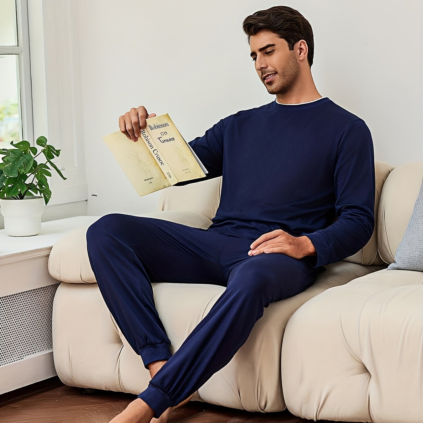 Herren Baumwoll Pyjama Winter Rundhals