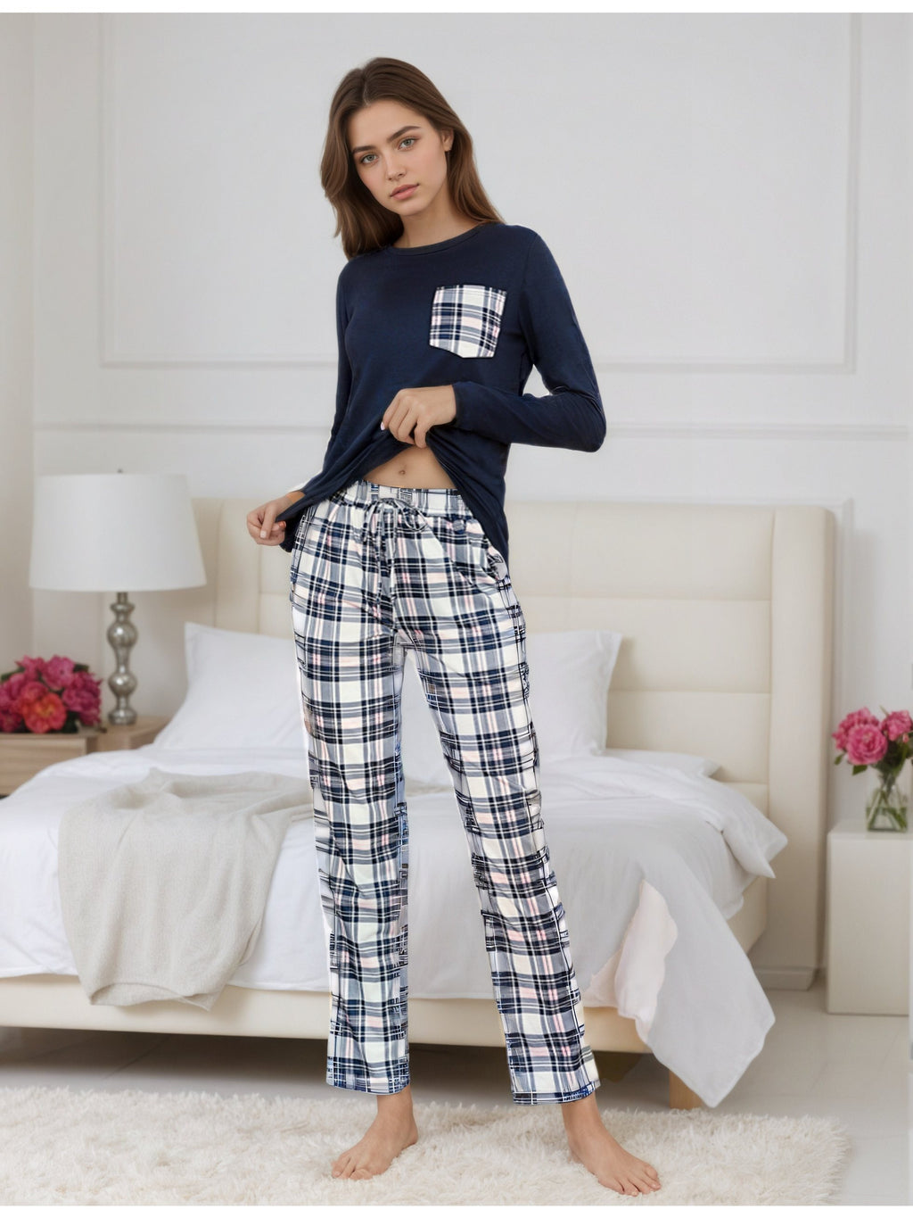 Damen Baumwoll Pyjama Kariert Set