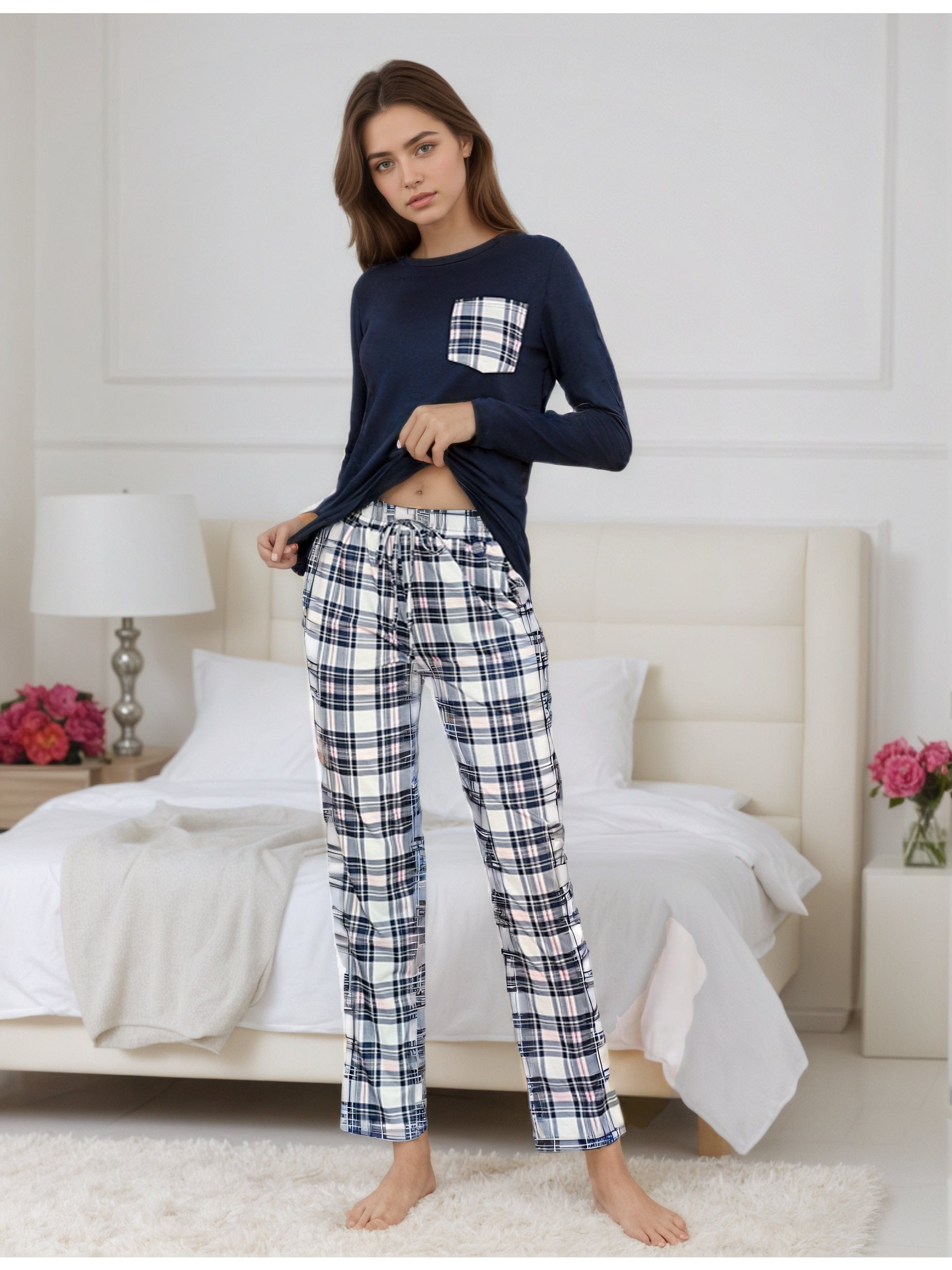 Damen Baumwoll Pyjama Kariert Set
