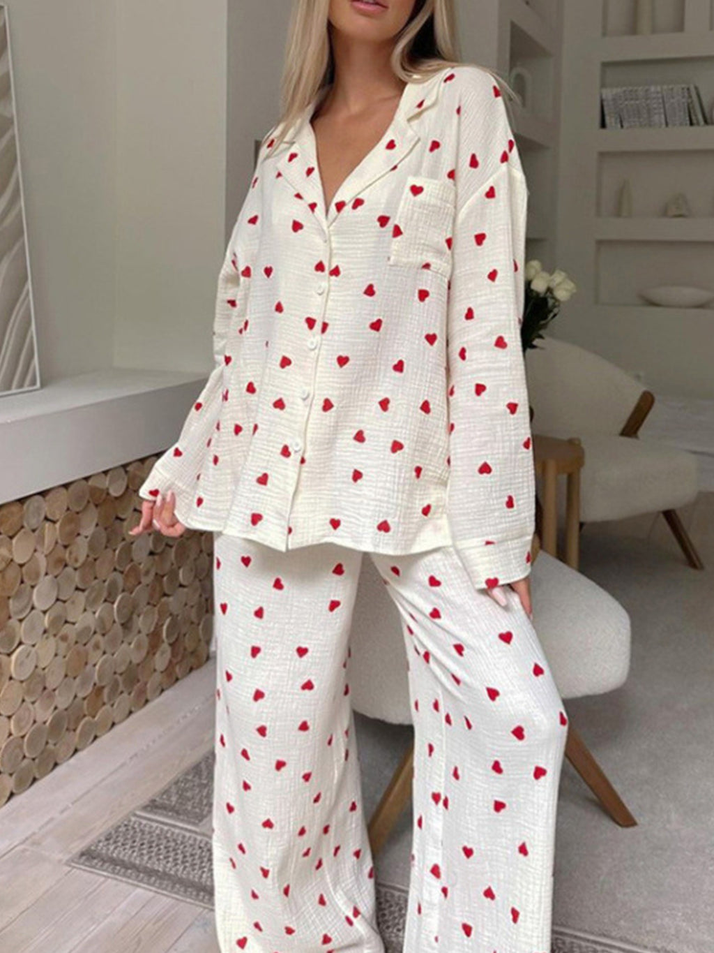 Damen Waffel Pyjama Herz Set