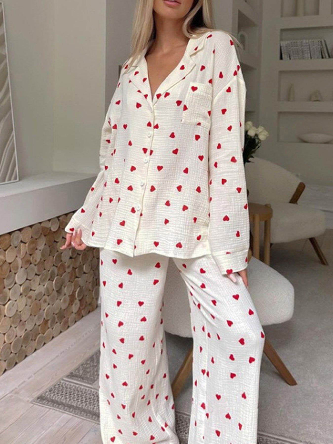 Damen Waffel Pyjama Herz Set