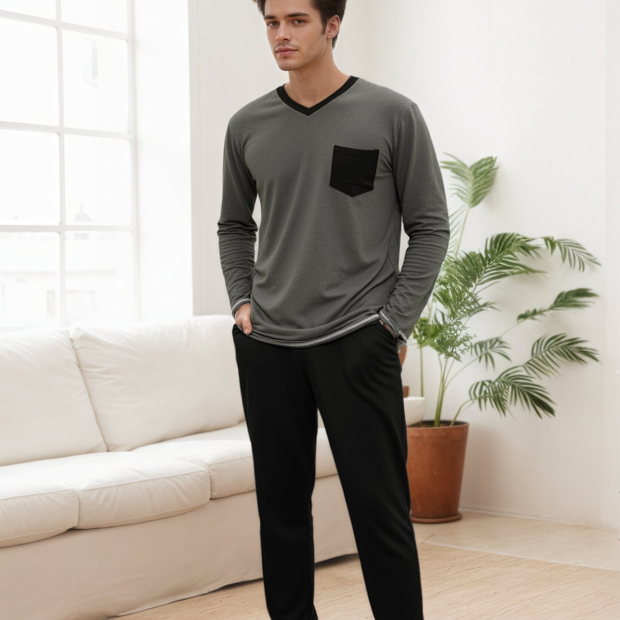 Herren Baumwoll Pyjama Winter Langarm