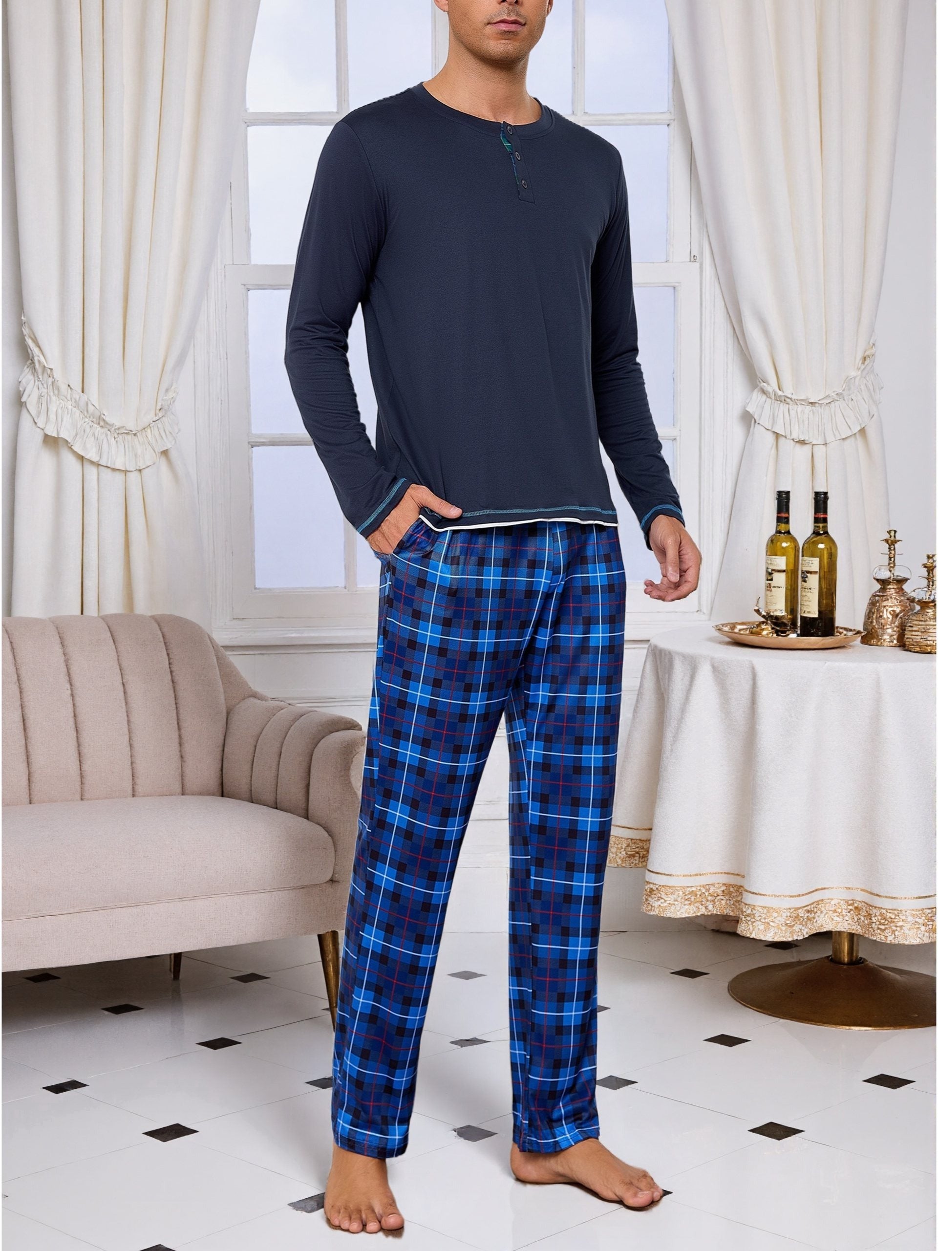 Herren Baumwoll Pyjama Rundhals Set