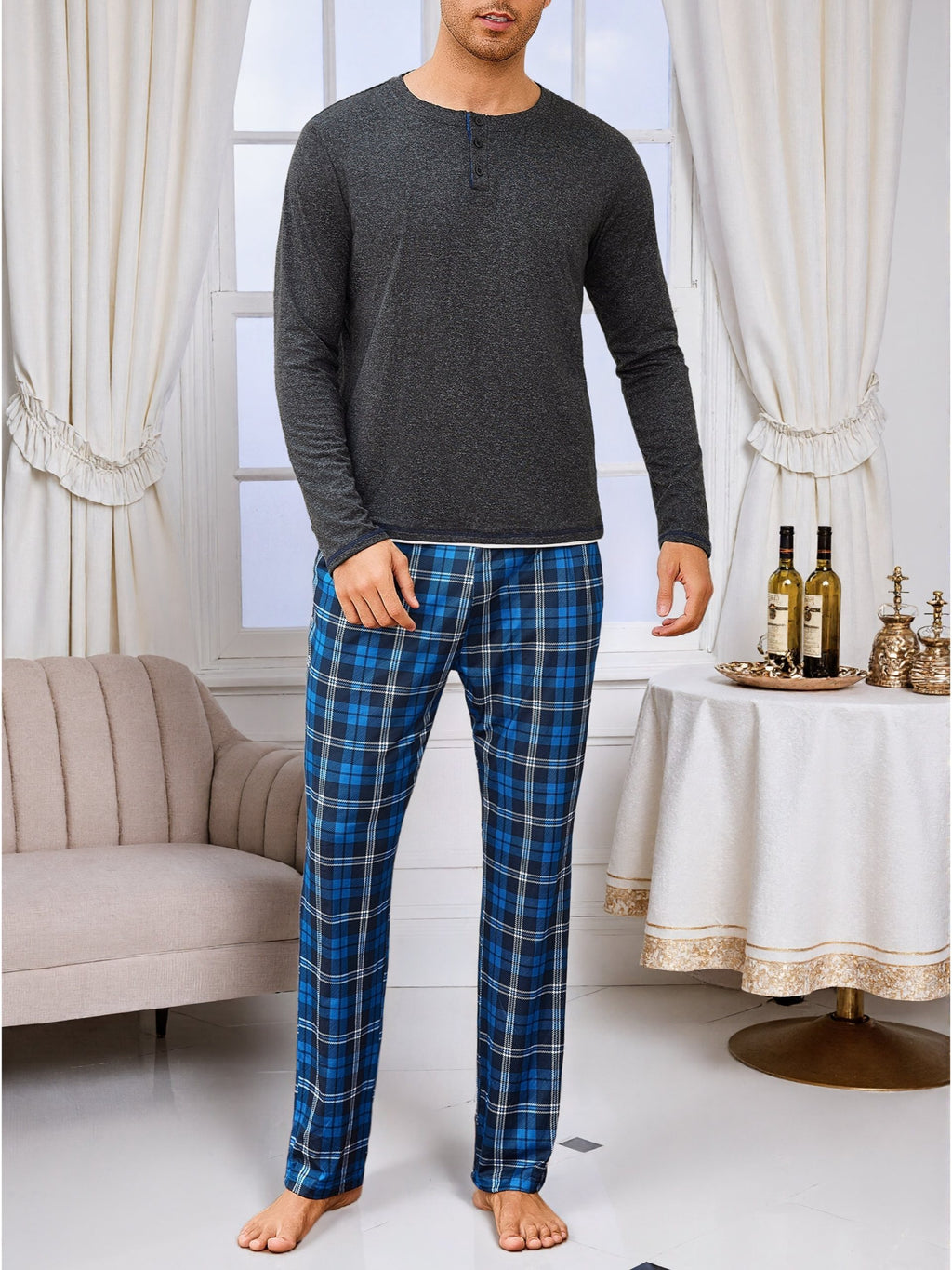 Herren Baumwoll Pyjama Rundhals Set