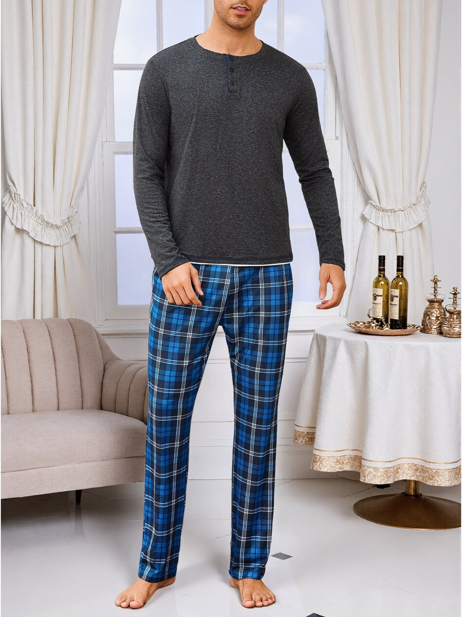 Herren Baumwoll Pyjama Rundhals Set