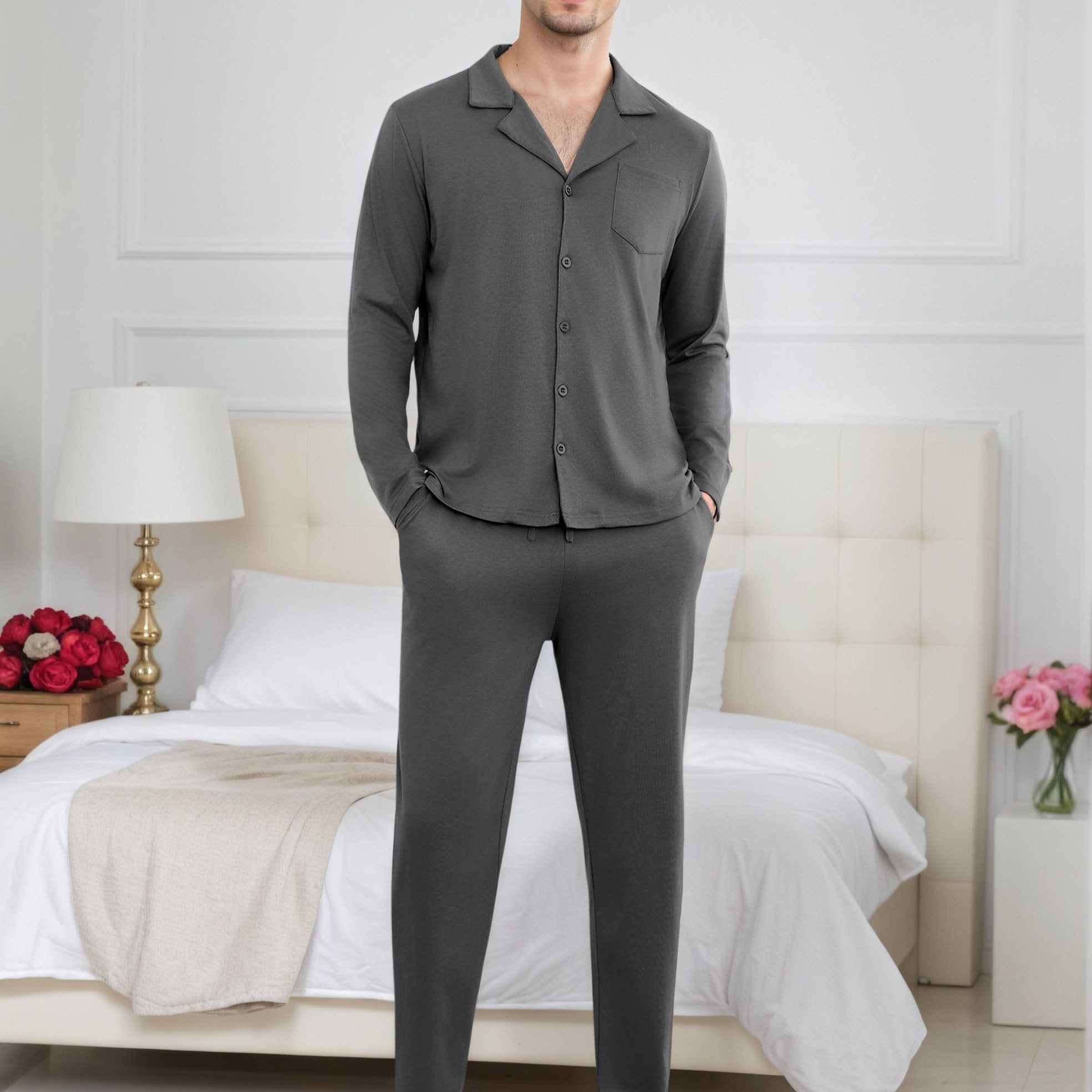 Herren Baumwoll Pyjama Knopfleiste Set