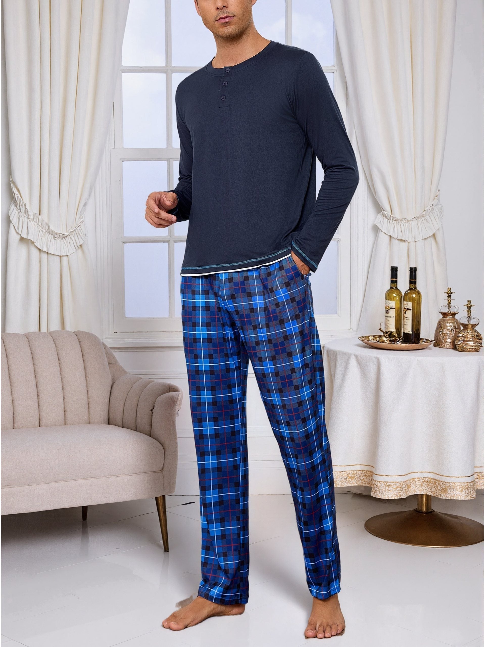 Herren Baumwoll Pyjama Rundhals Set