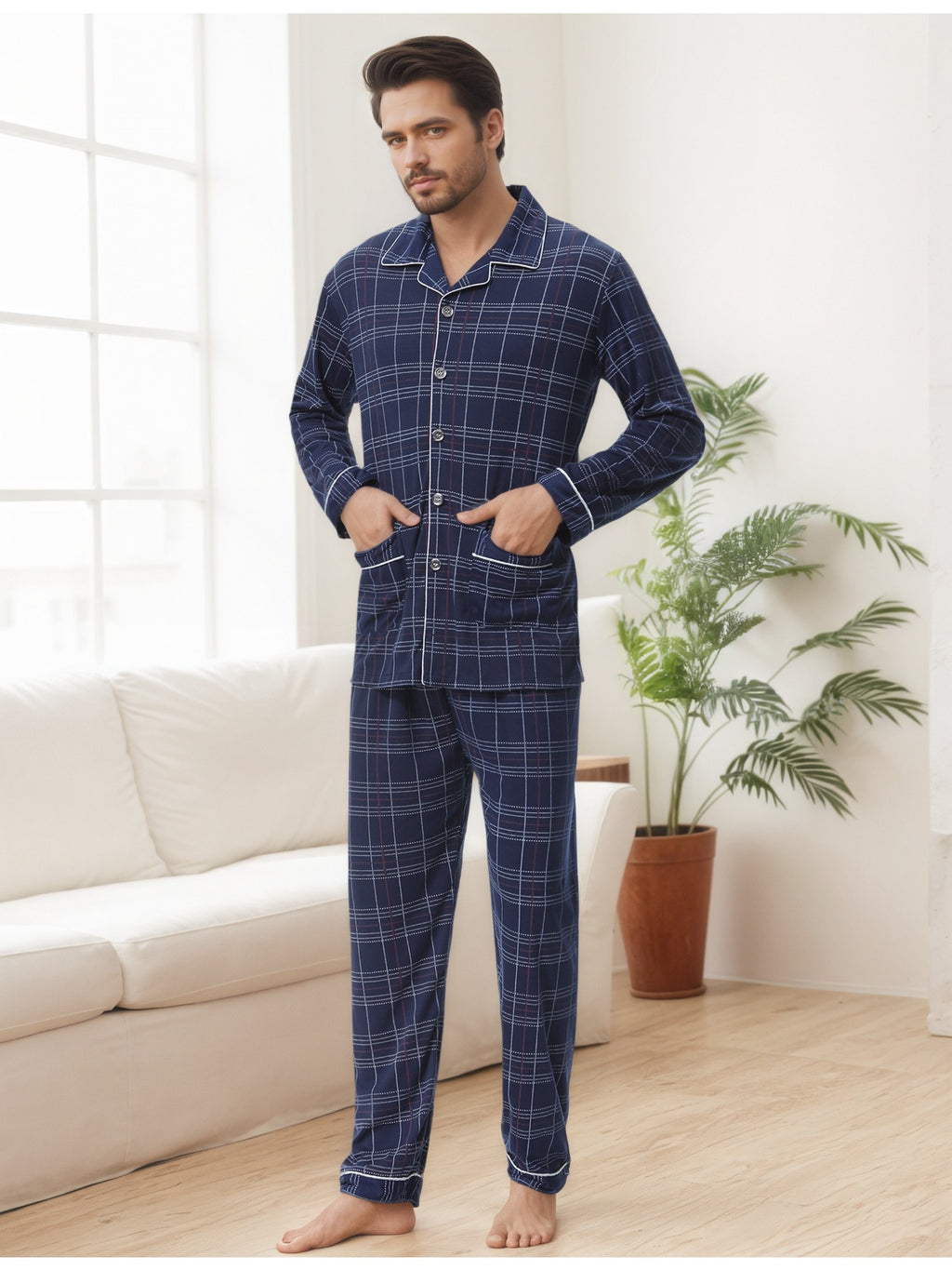 Herren Karierter Pyjama V-Ausschnitt