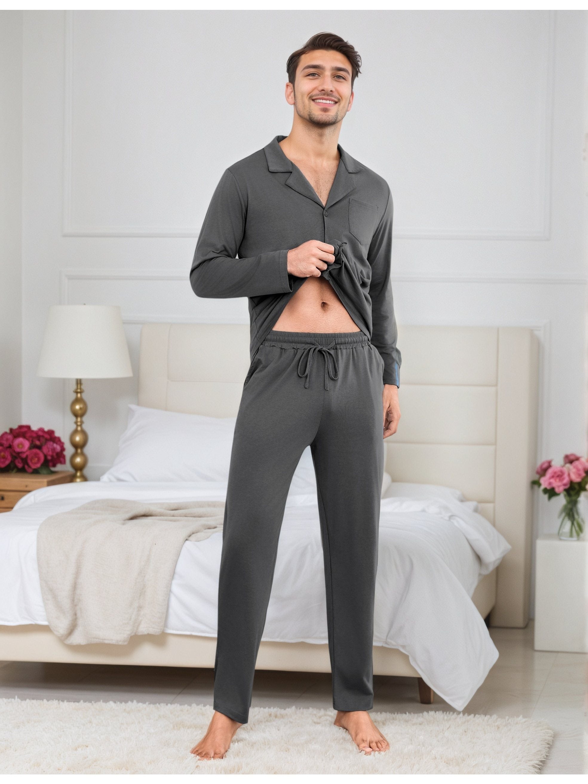 Herren Baumwoll Pyjama Knopfleiste Set