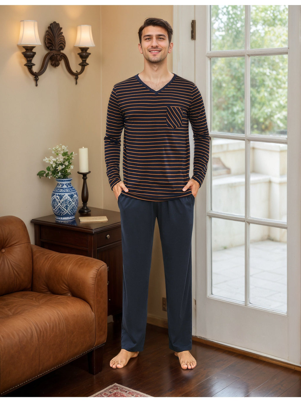 Herren Baumwoll Pyjama Streifen Set