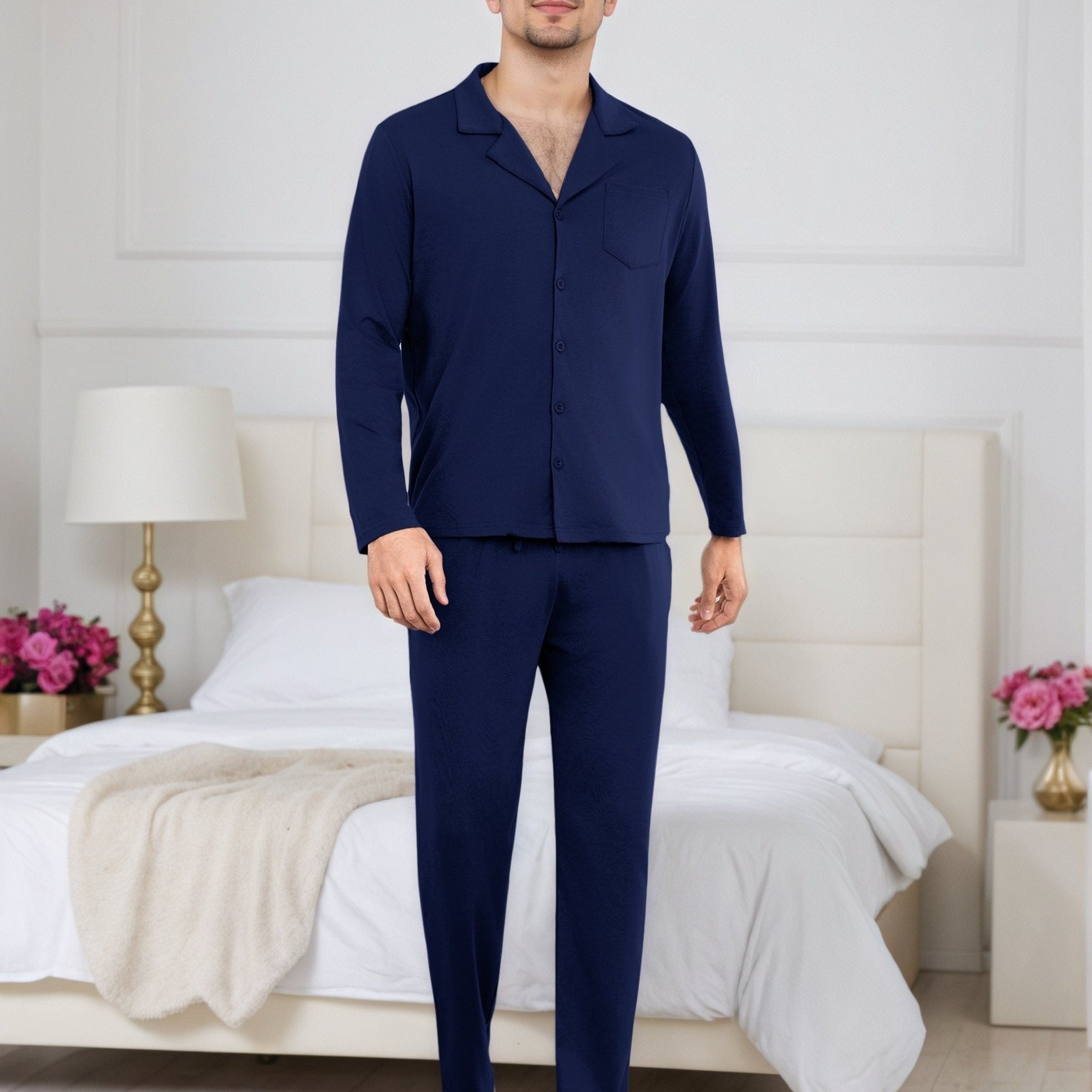 Herren Baumwoll Pyjama Knopfleiste Set