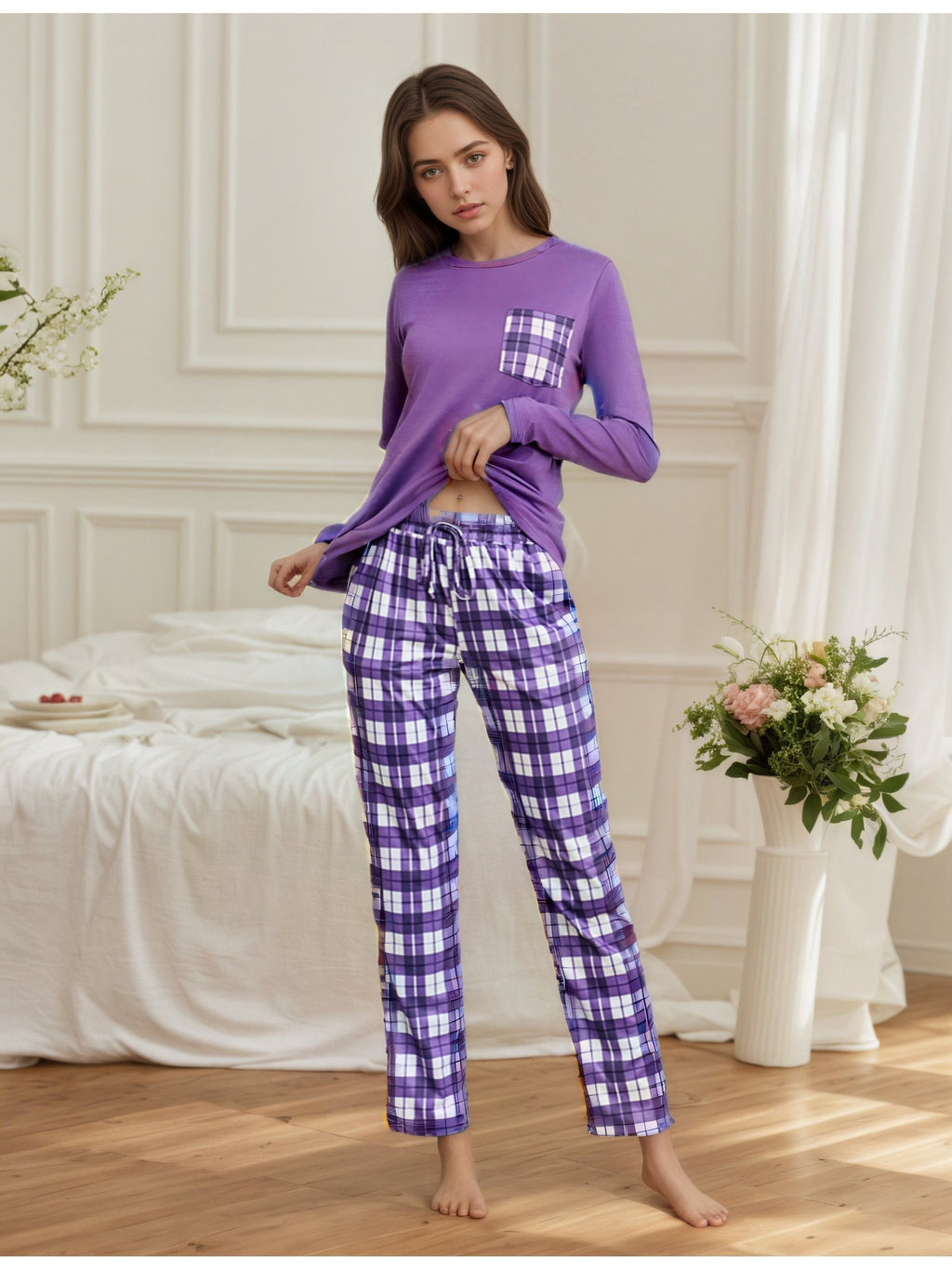 Damen Baumwoll Pyjama Kariert Set