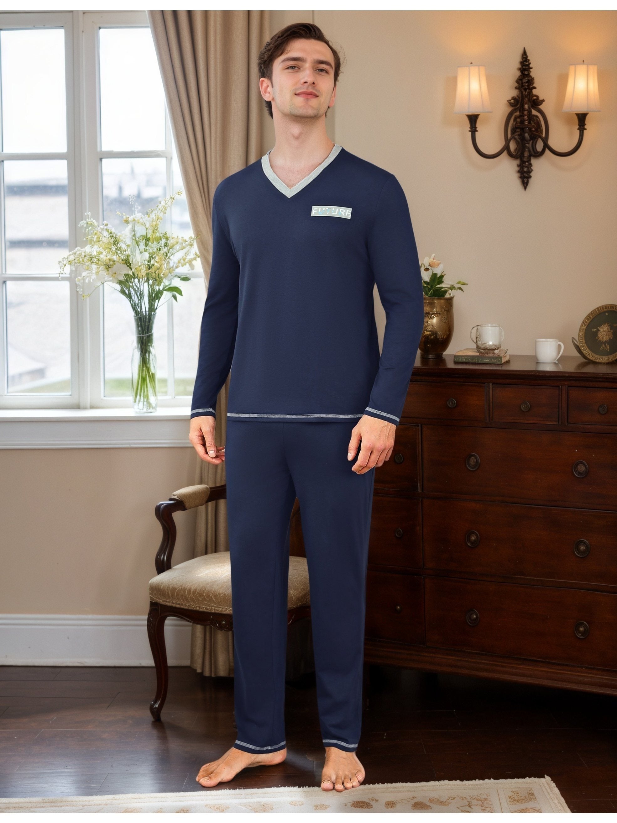 Herren Baumwoll Pyjama V-Neck Print