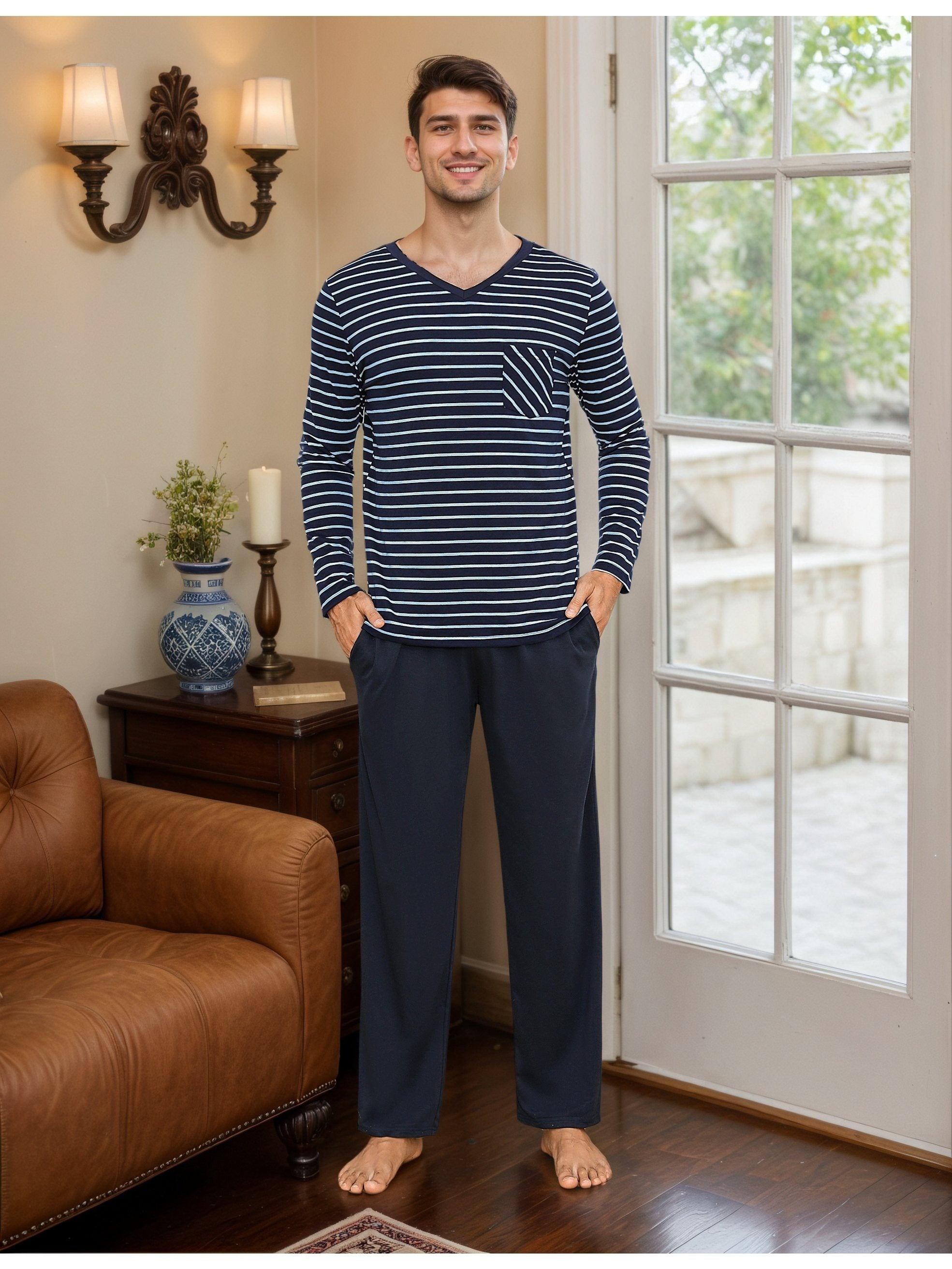 Herren Baumwoll Pyjama Streifen Set