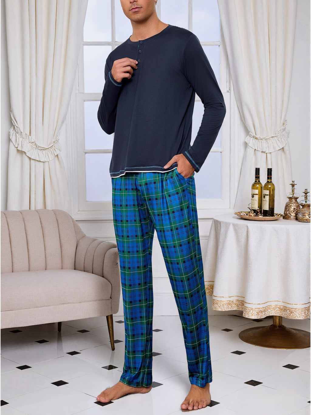 Herren Baumwoll Pyjama Rundhals Set