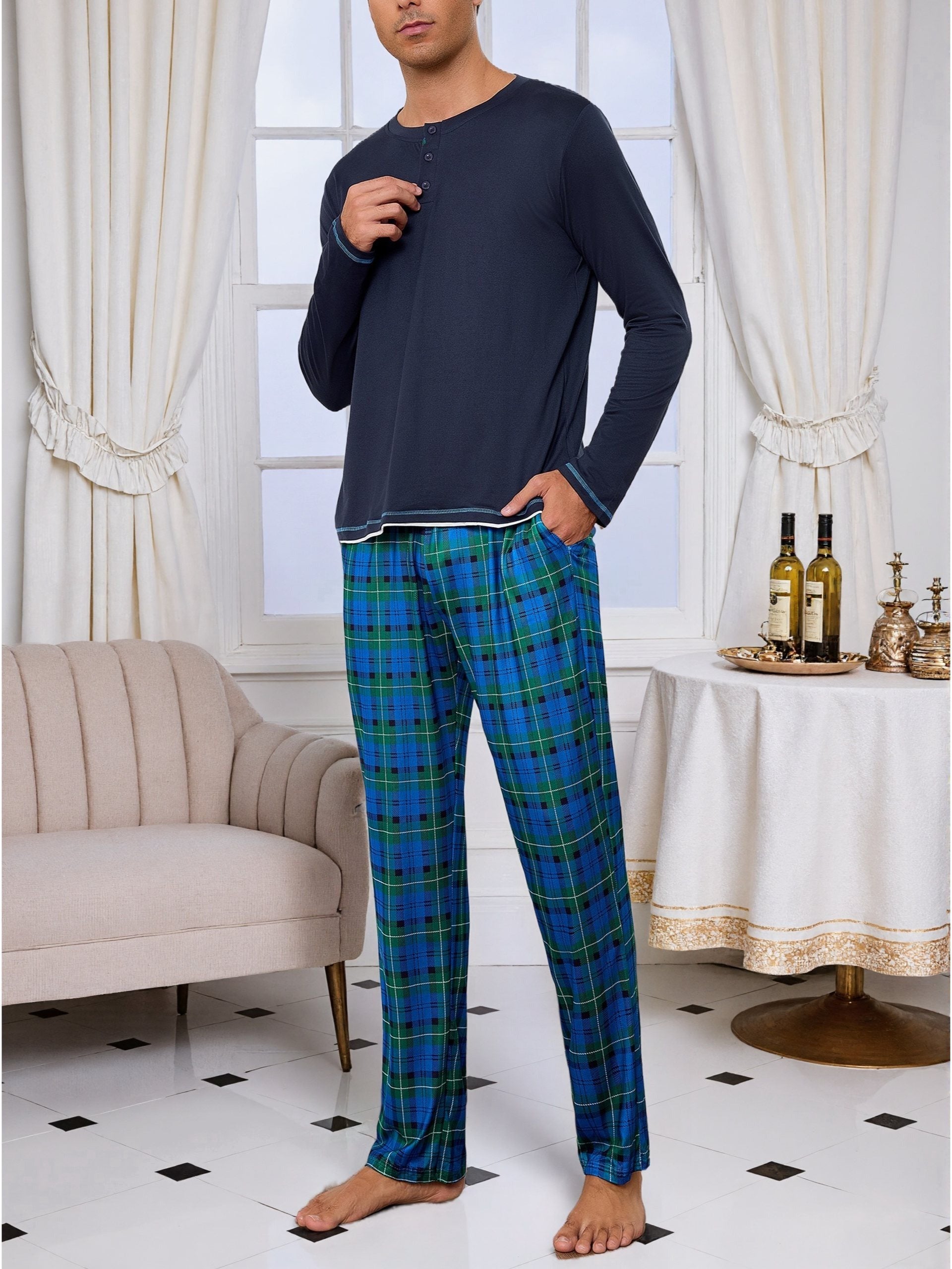 Herren Baumwoll Pyjama Rundhals Set