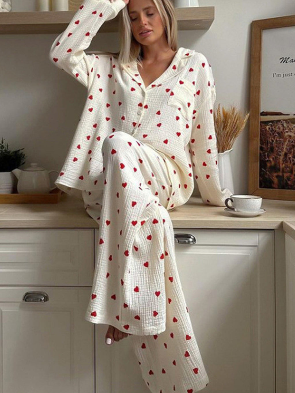 Damen Waffel Pyjama Herz Set