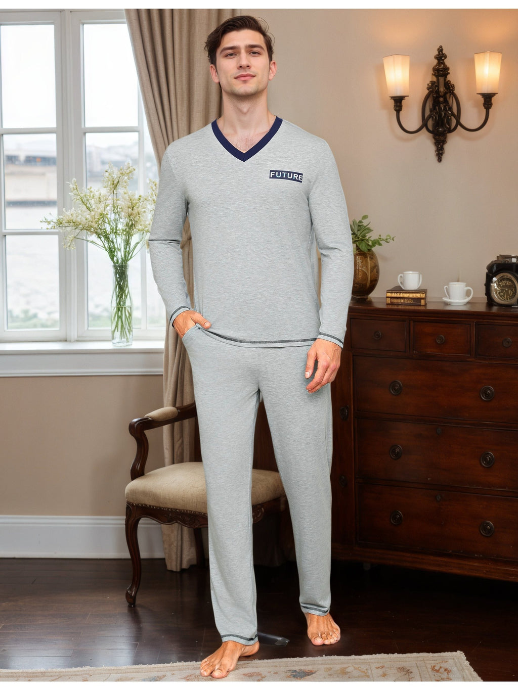 Herren Baumwoll Pyjama V-Neck Print