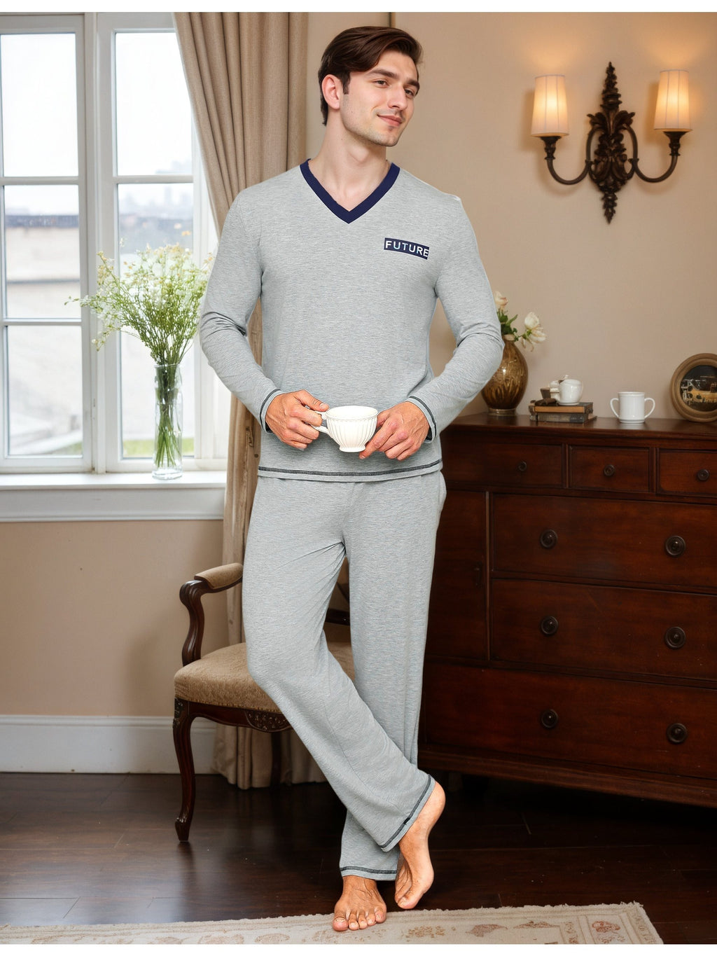 Herren Baumwoll Pyjama V-Neck Print