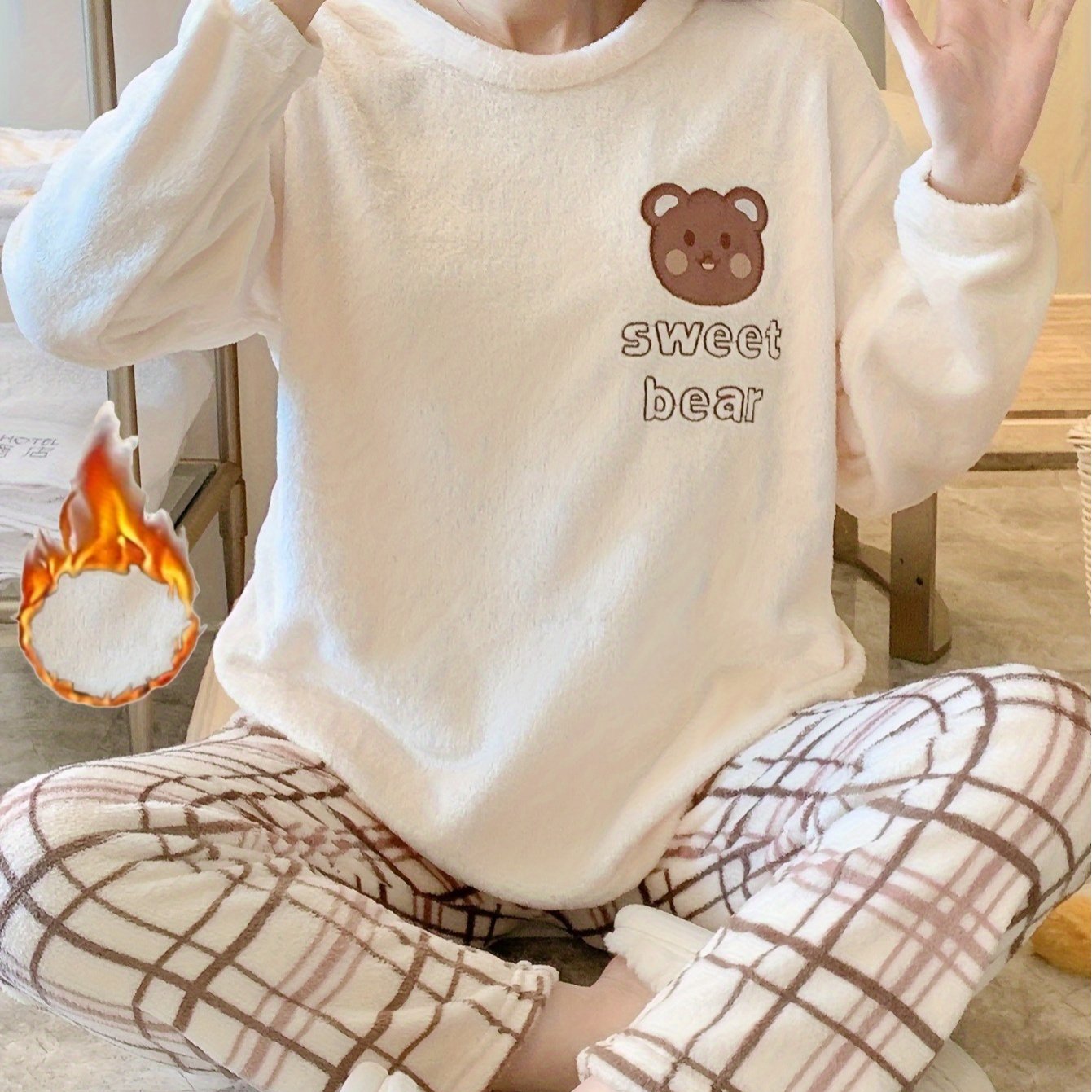 Damen Samt Pyjama Bär Kariert