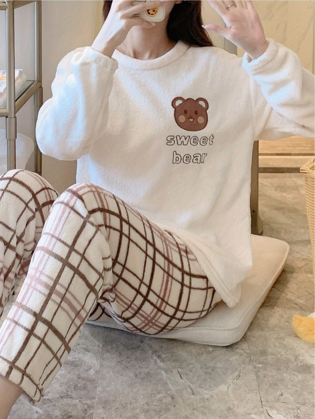 Damen Samt Pyjama Bär Kariert