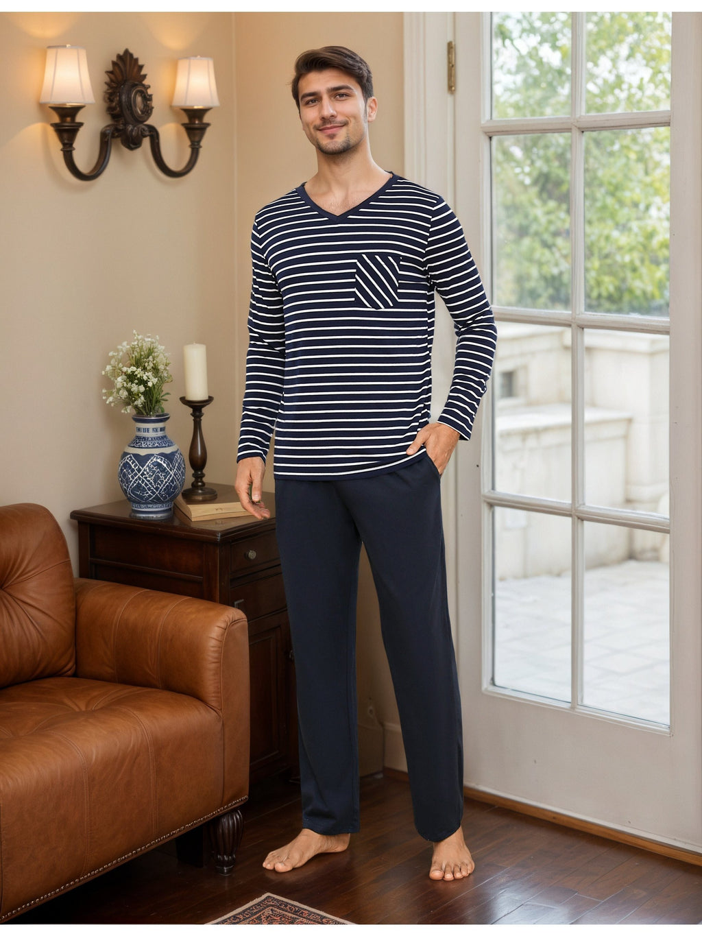 Herren Baumwoll Pyjama Streifen Set